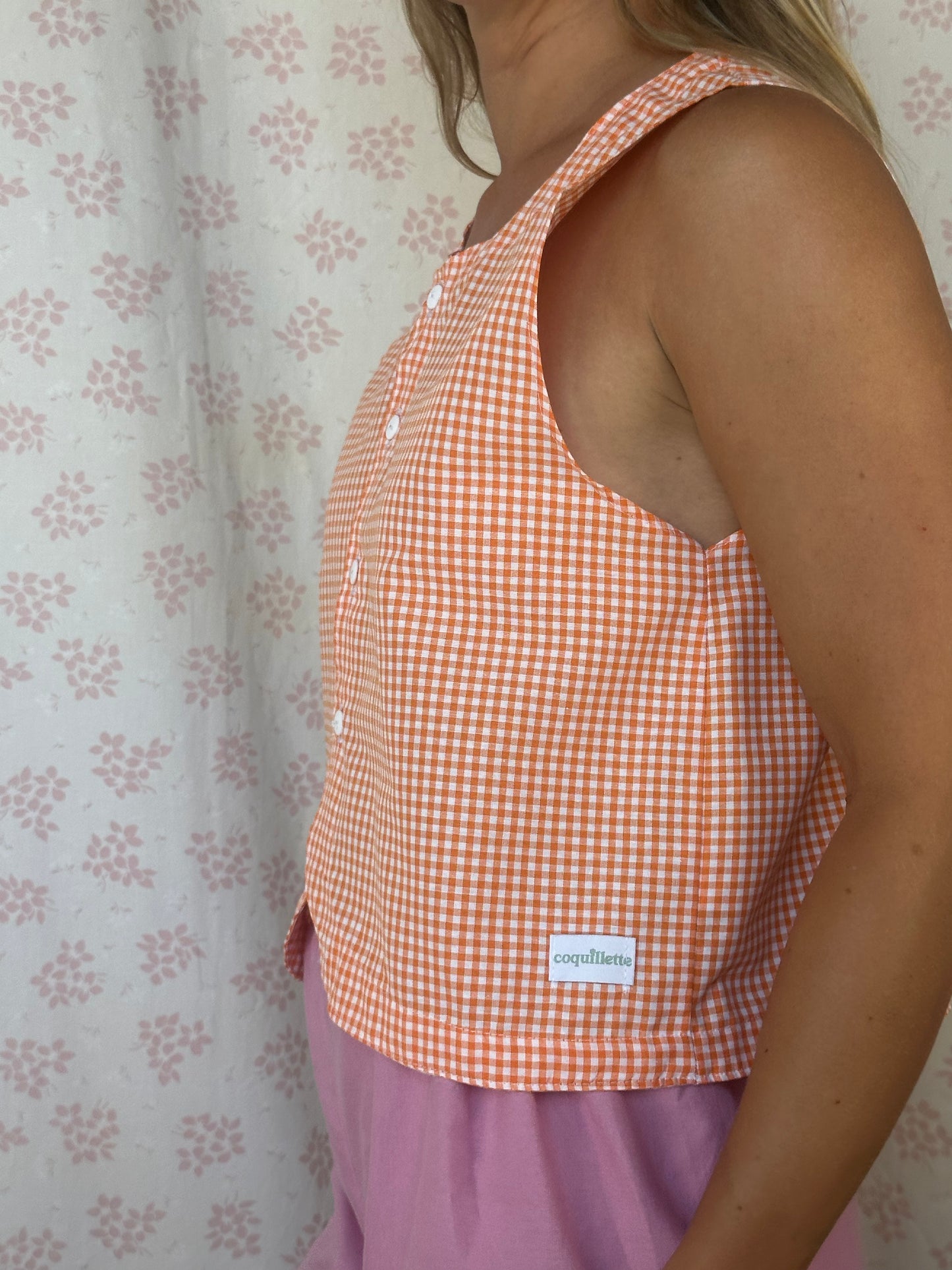 Haut Bouton Vichy Orange