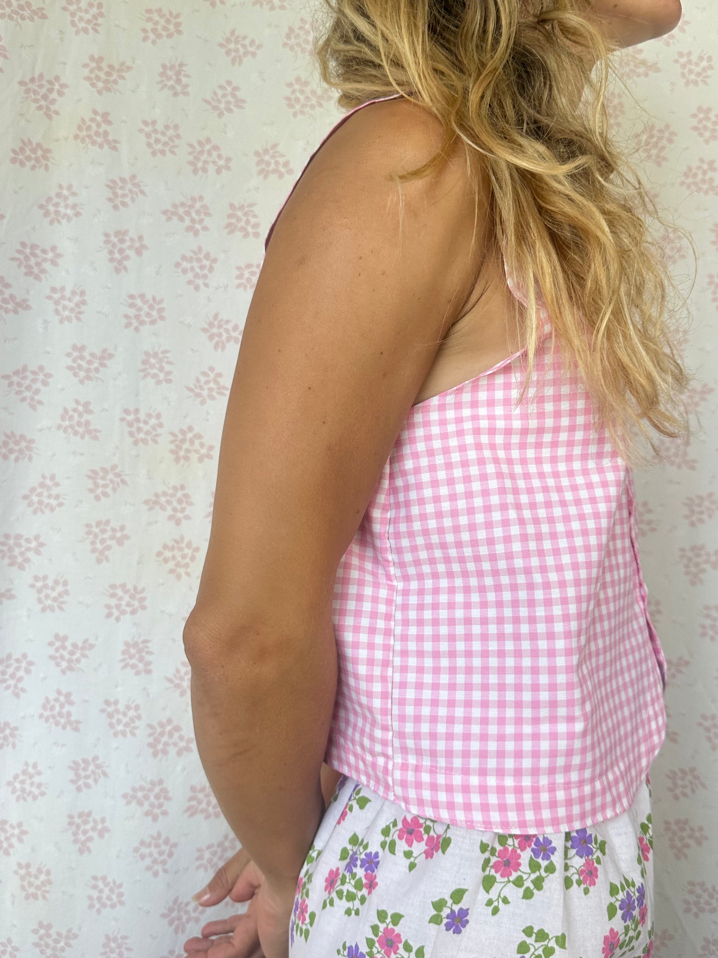 Haut Bouton Vichy Rose