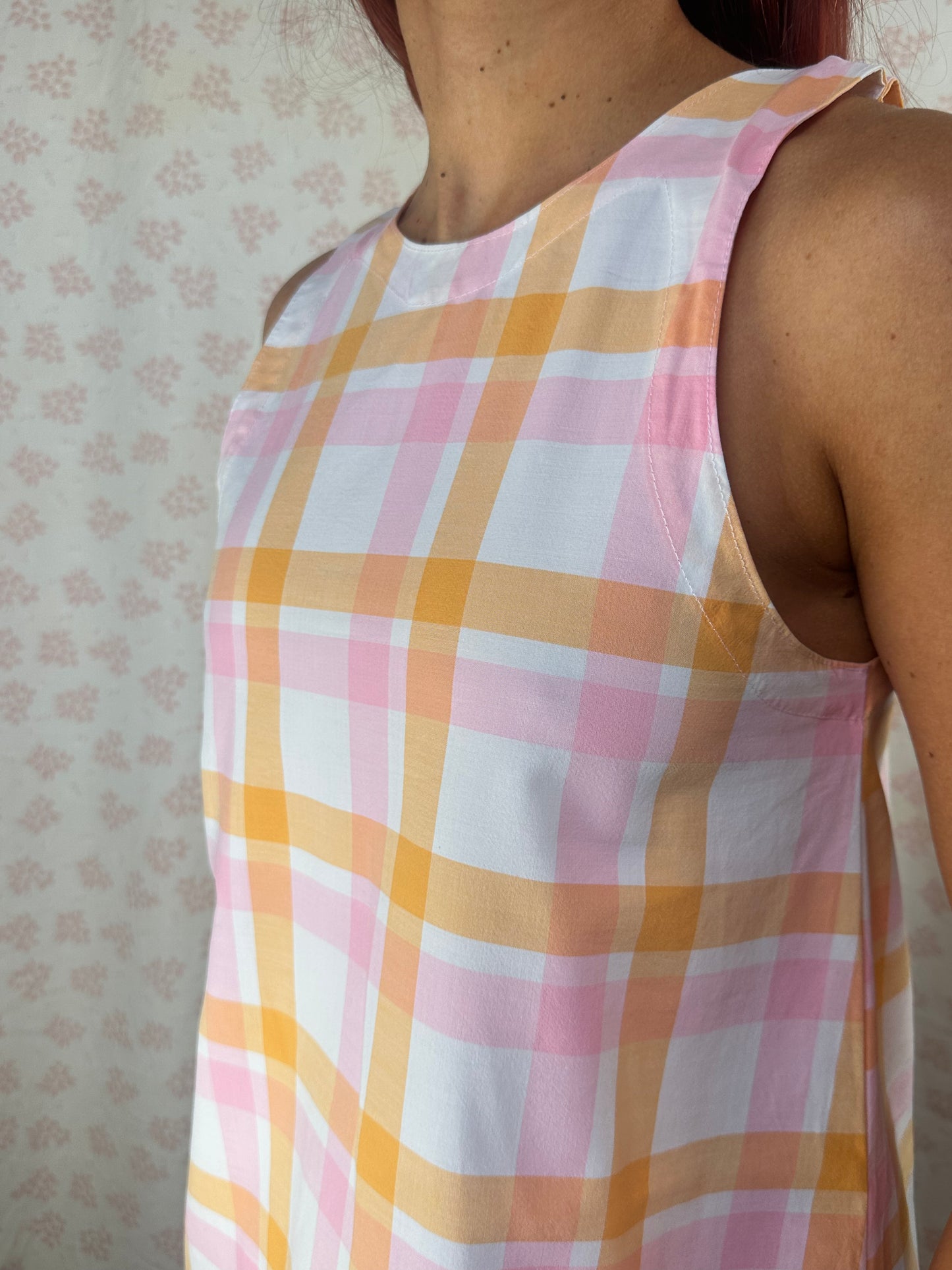 Robe Col Carreaux Orange et Rose