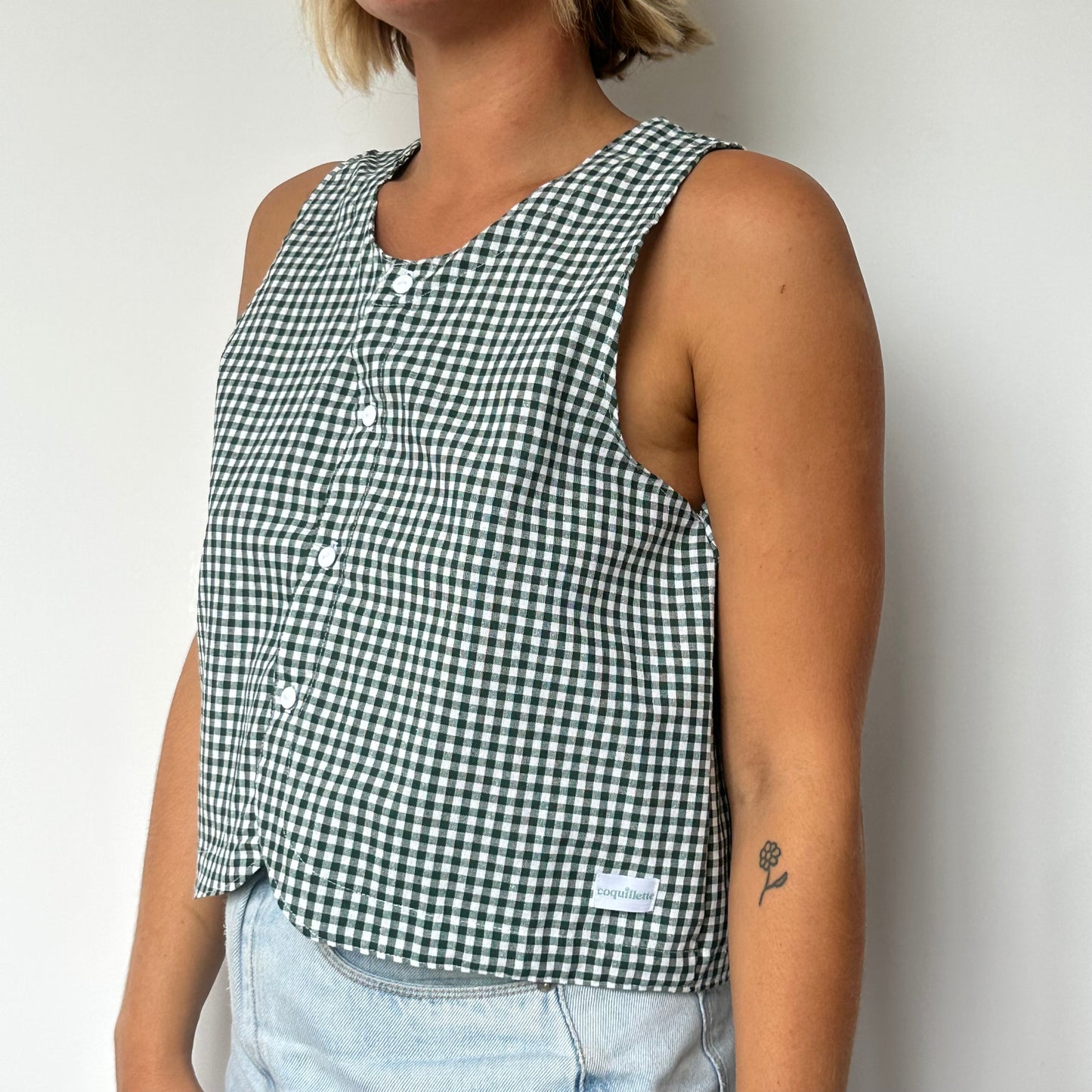 Haut Bouton Vichy Vert