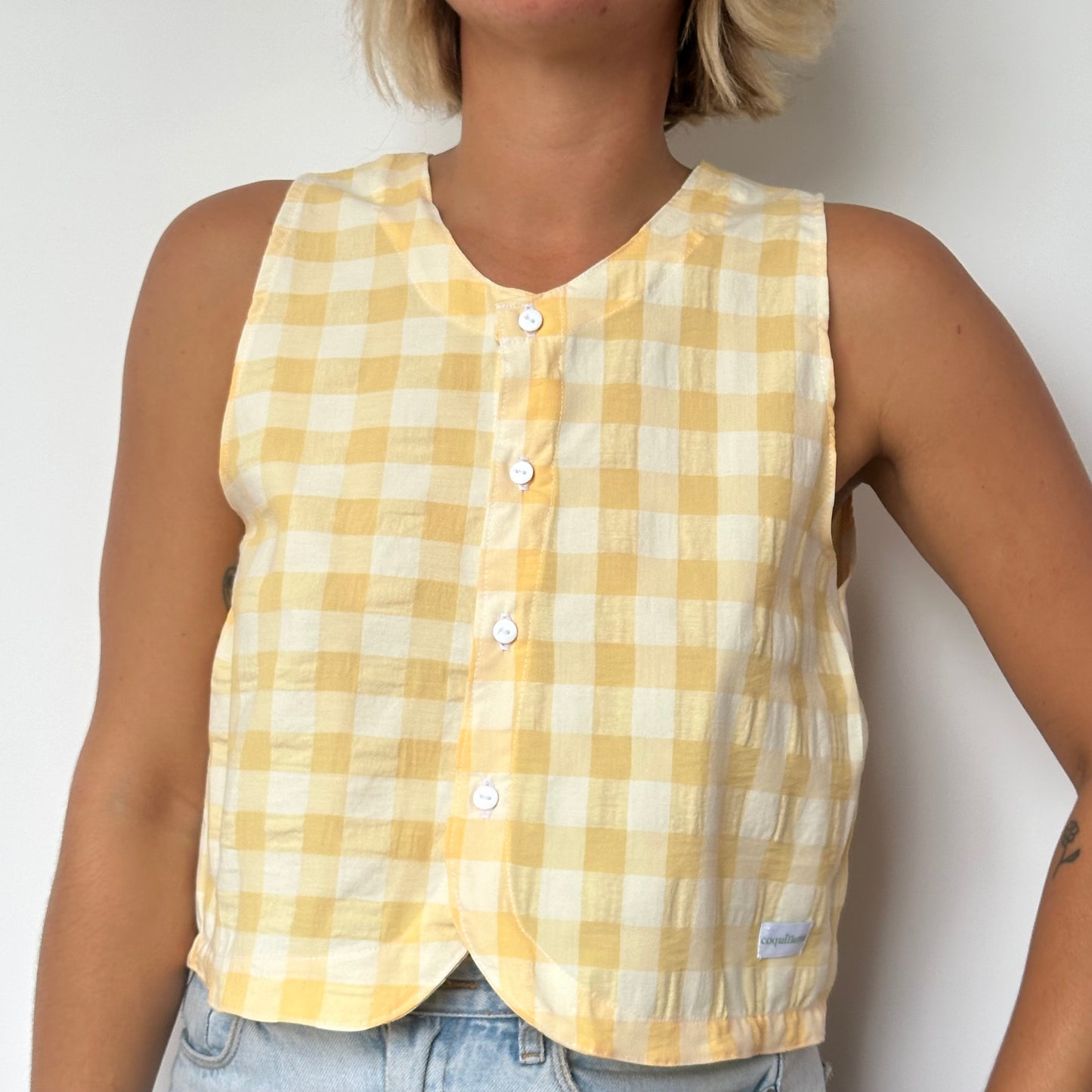 Haut Bouton Vichy Jaune