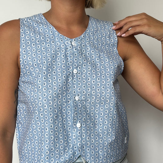 Haut Bouton Motif Bleu