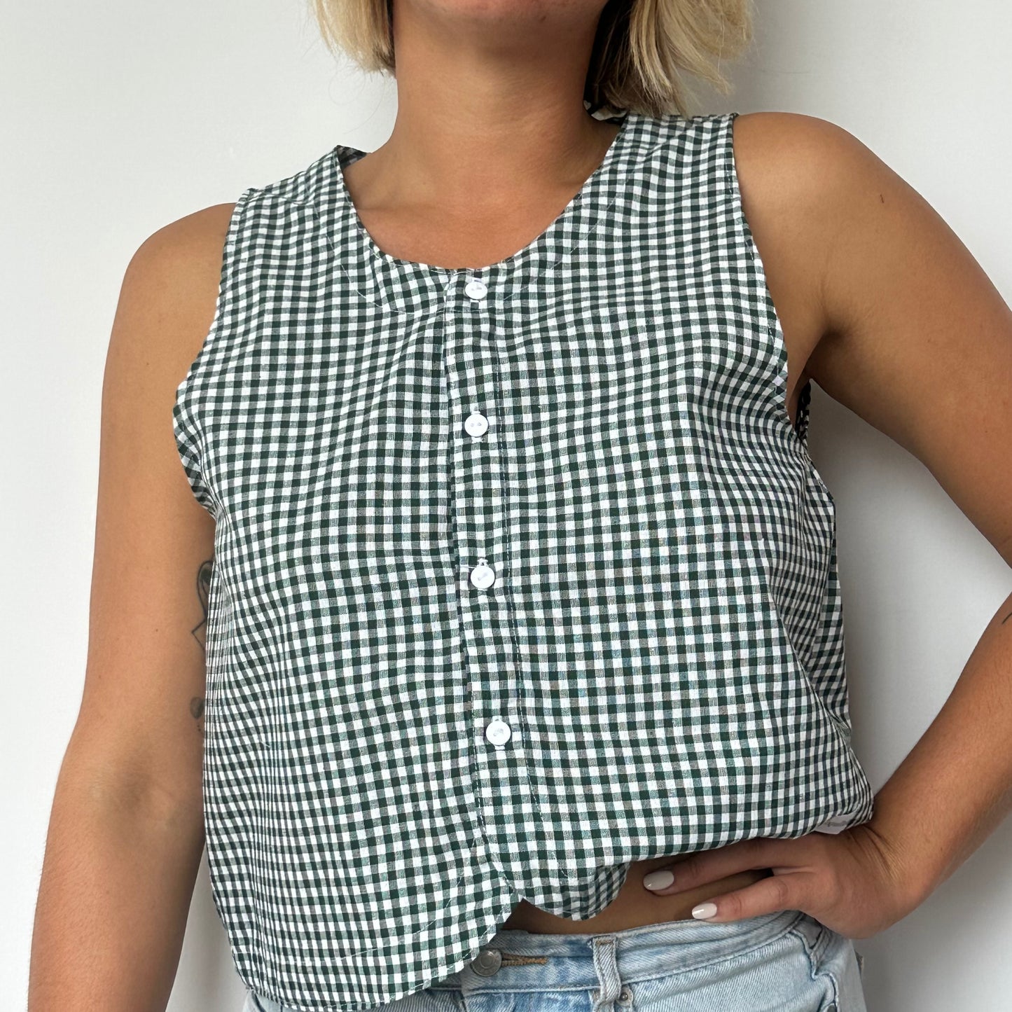 Haut Bouton Vichy Vert