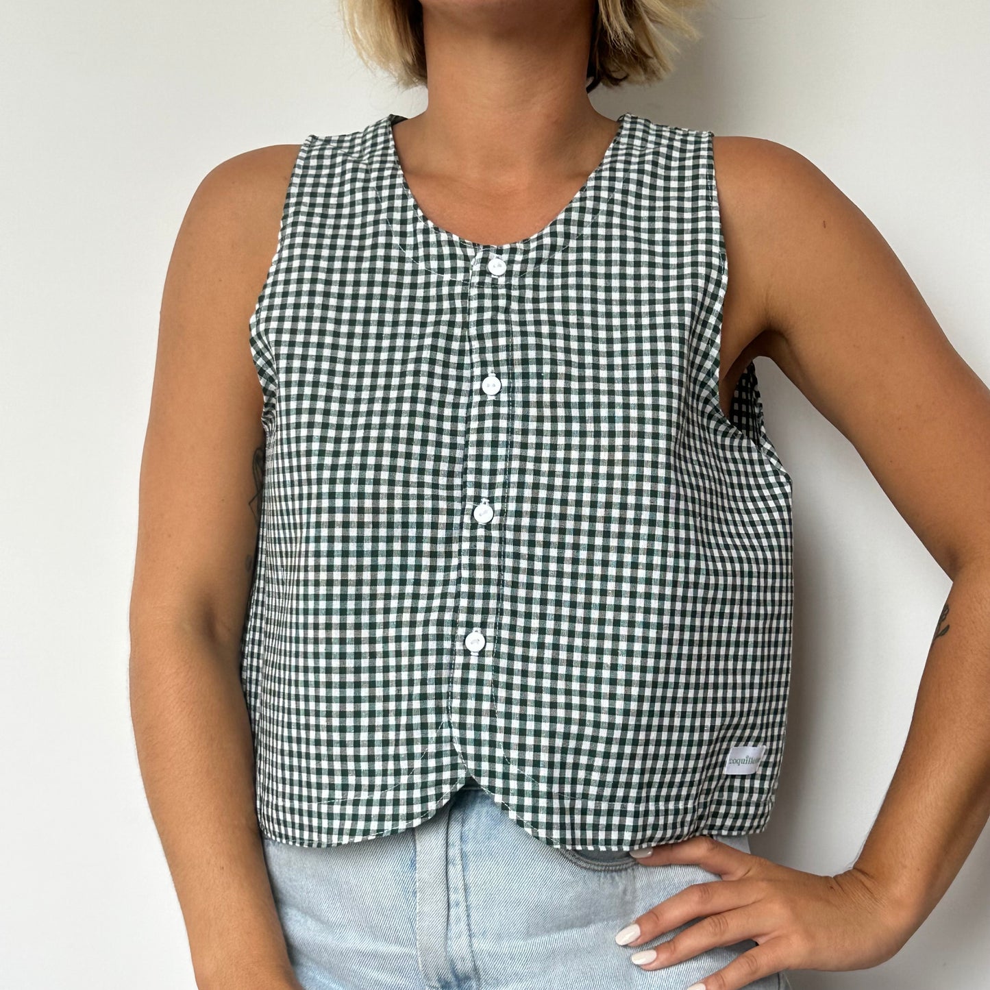 Haut Bouton Vichy Vert