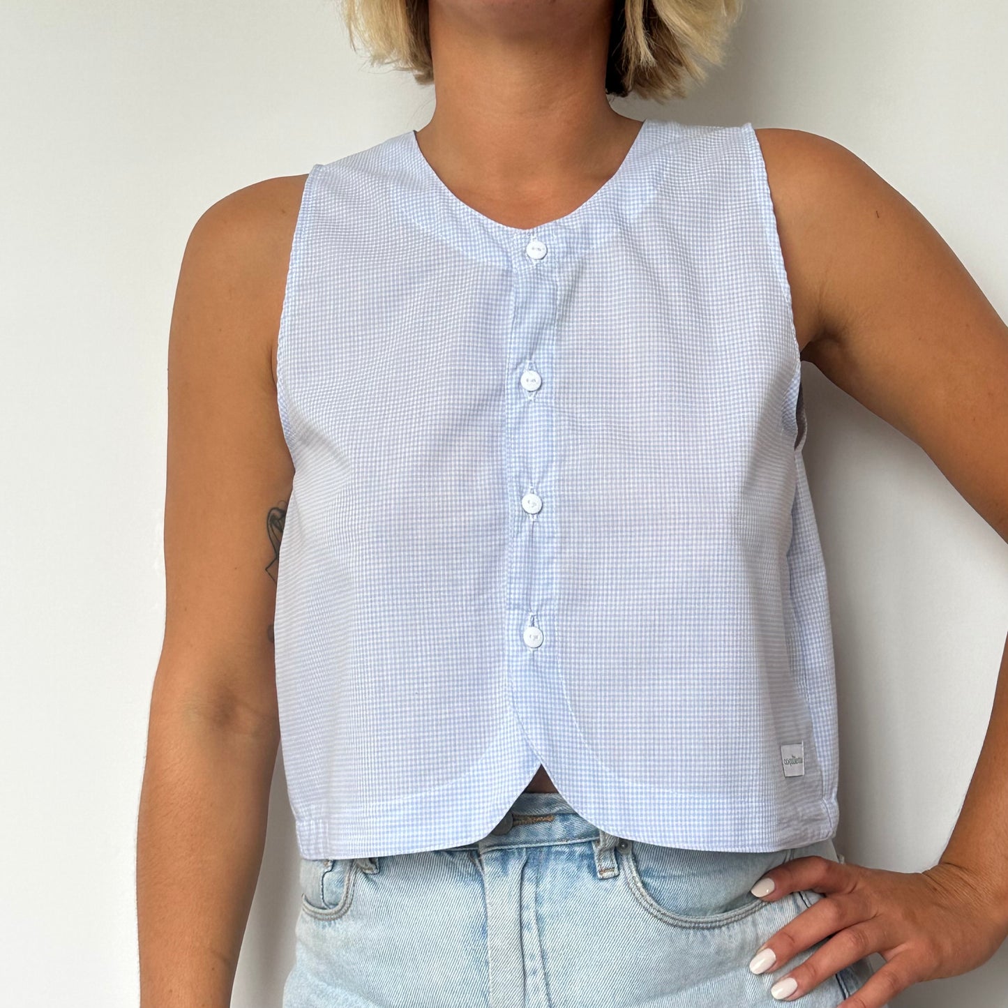 Haut Bouton Vichy Bleu Ciel