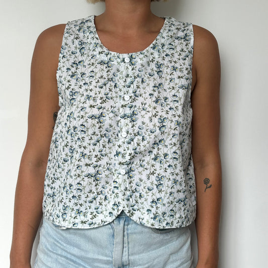 Haut Bouton Fleurs Bleu