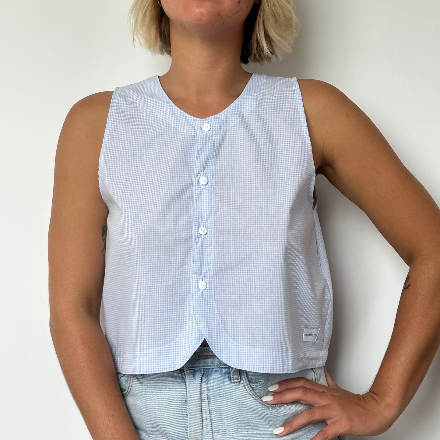 Haut Bouton Vichy Bleu Ciel