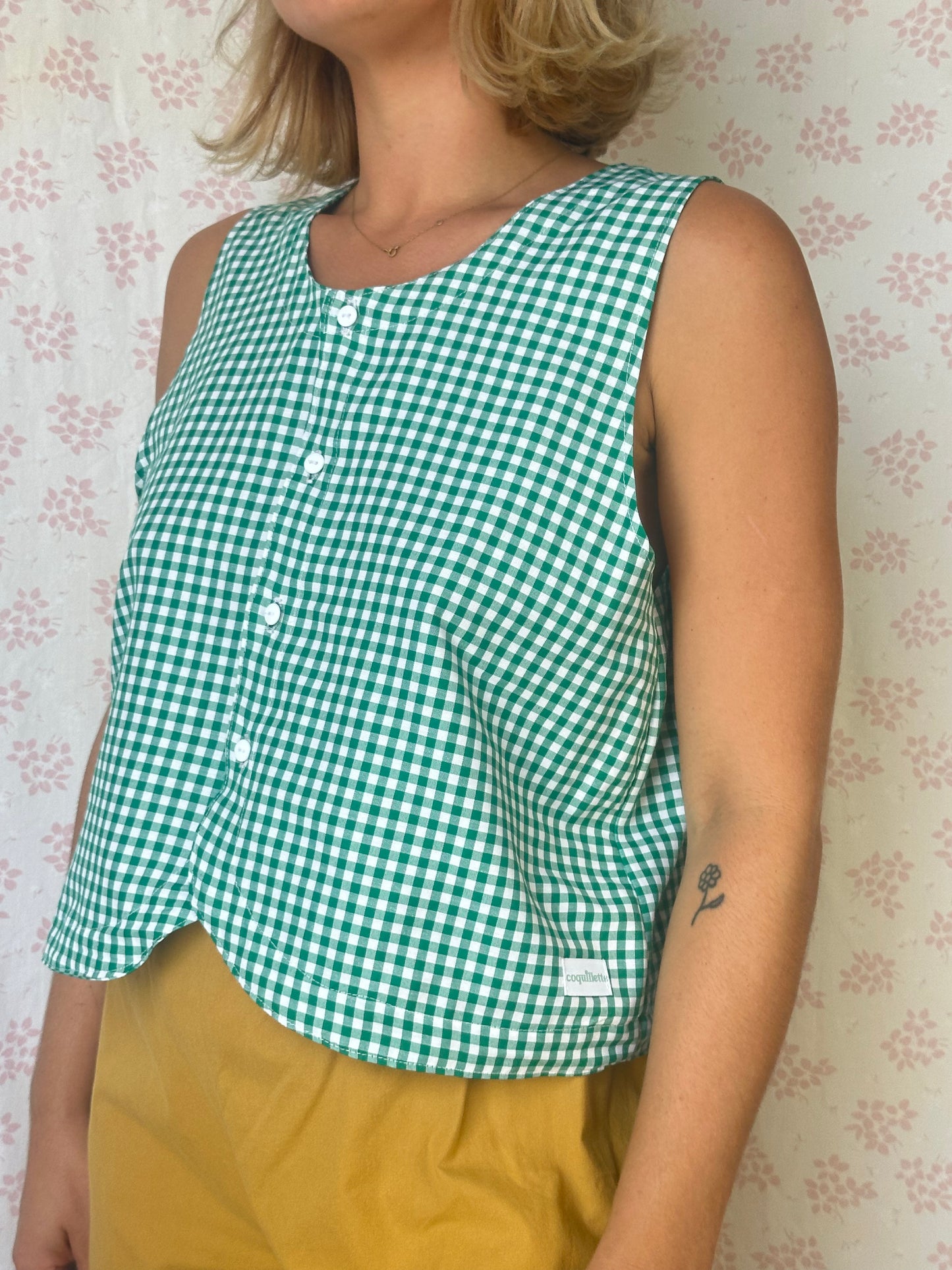 Haut Bouton Vichy Vert