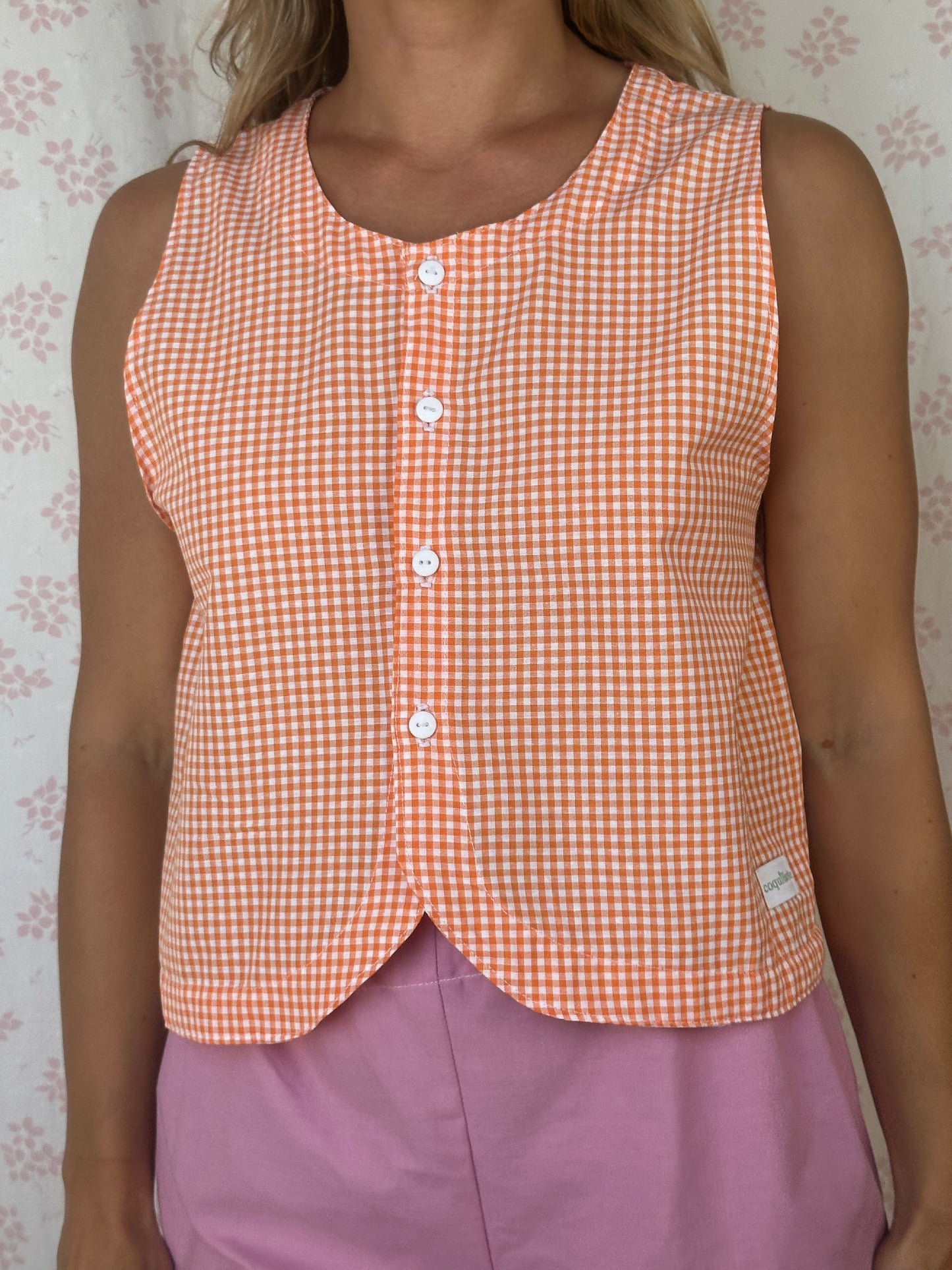 Haut Bouton Vichy Orange