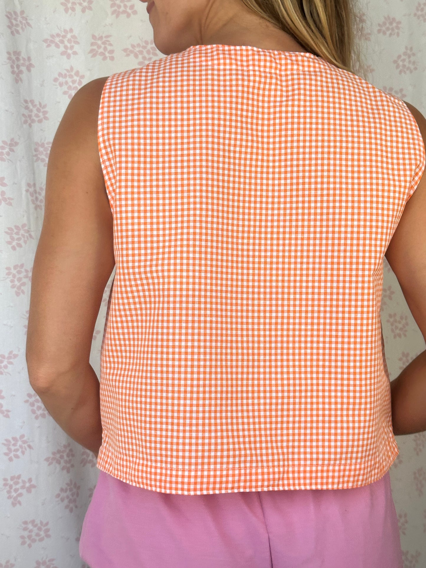 Haut Bouton Vichy Orange