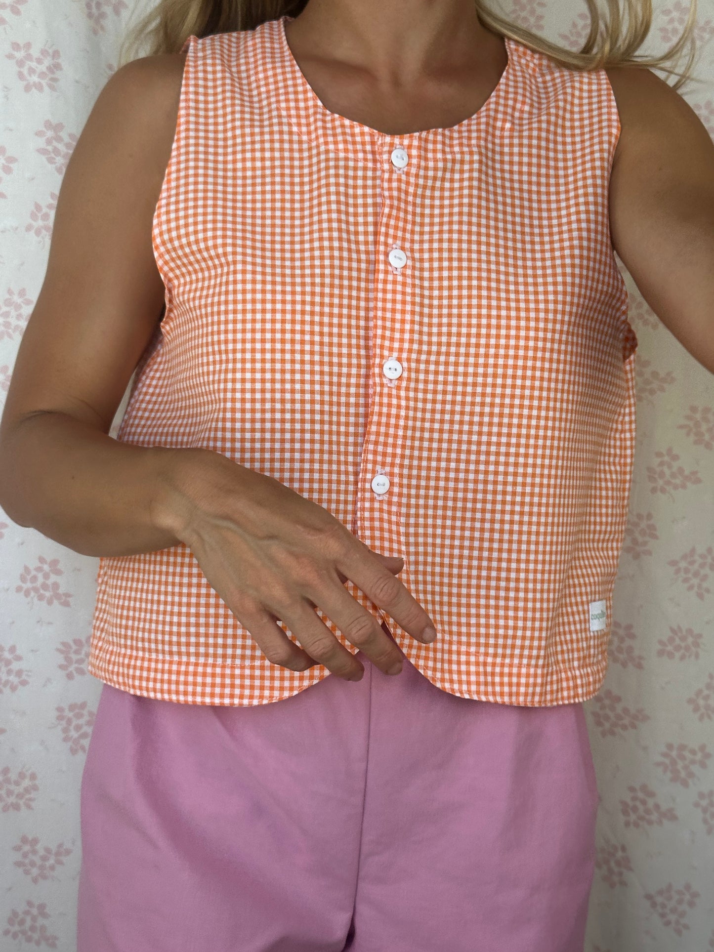 Haut Bouton Vichy Orange