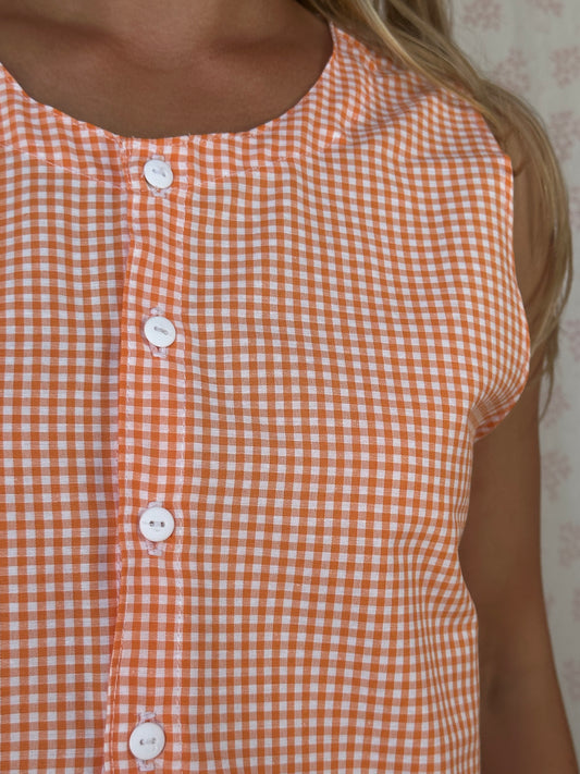 Haut Bouton Vichy Orange