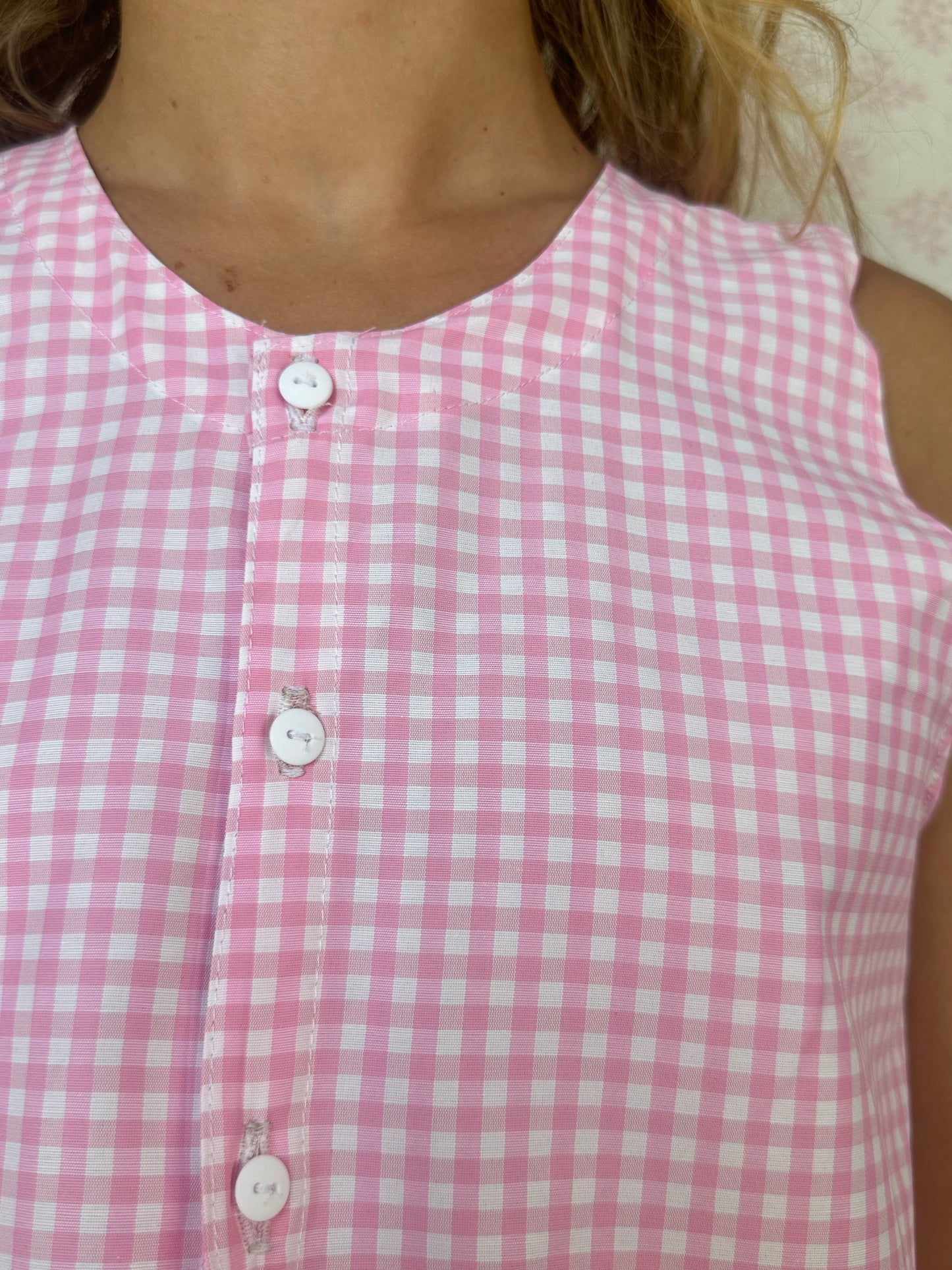 Haut Bouton Vichy Rose