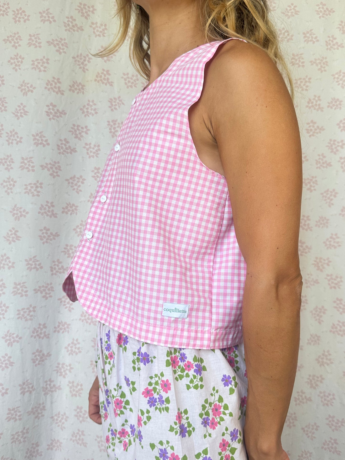 Haut Bouton Vichy Rose