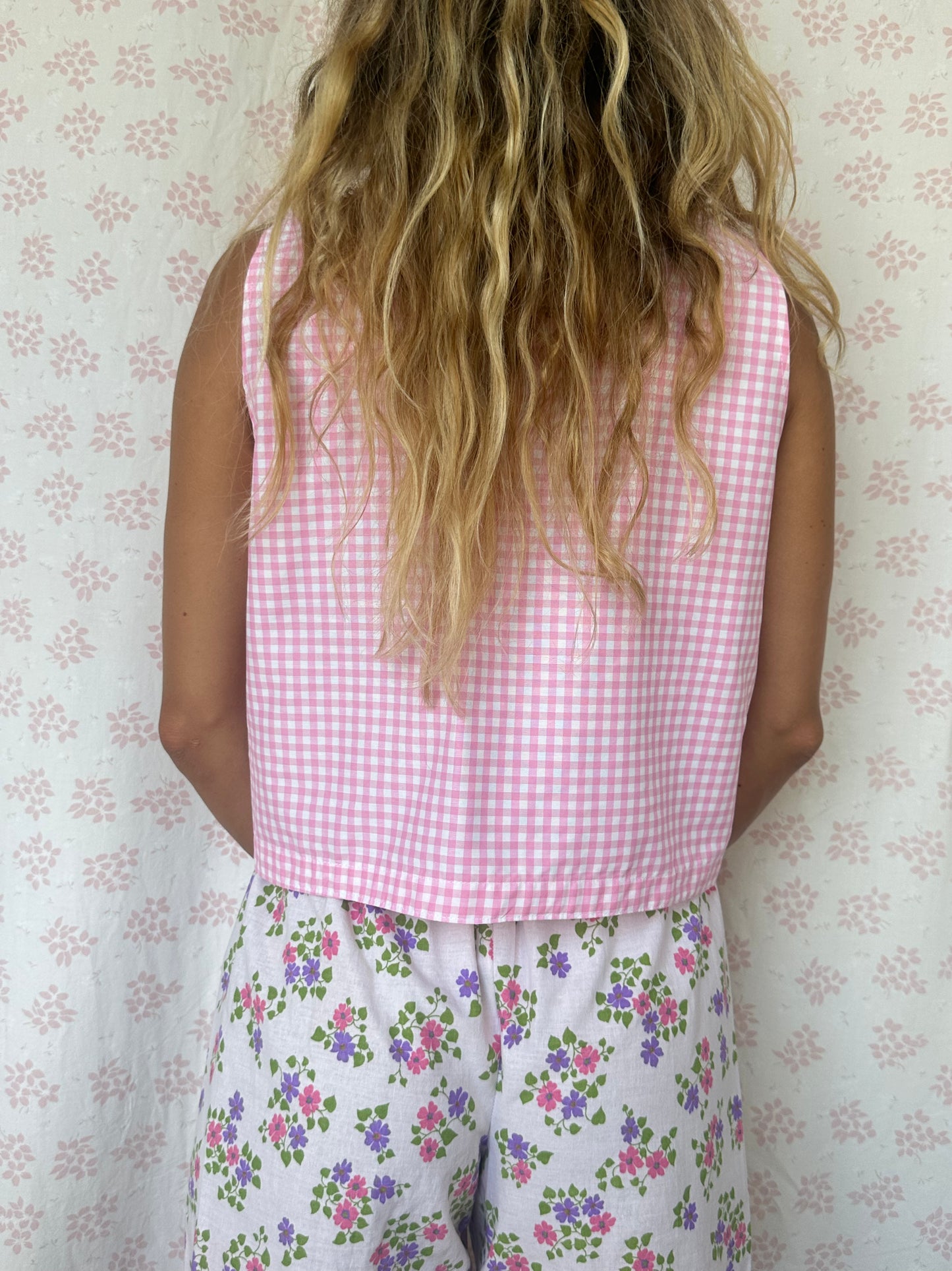 Haut Bouton Vichy Rose