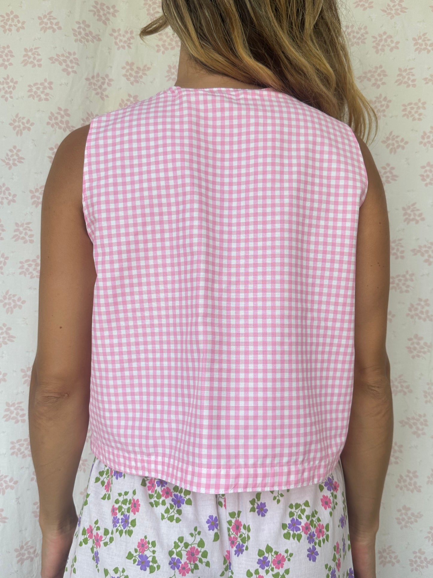 Haut Bouton Vichy Rose