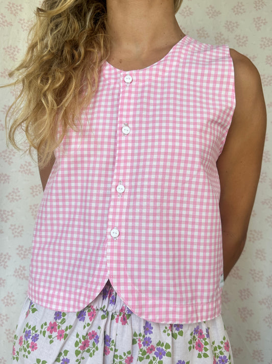 Haut Bouton Vichy Rose