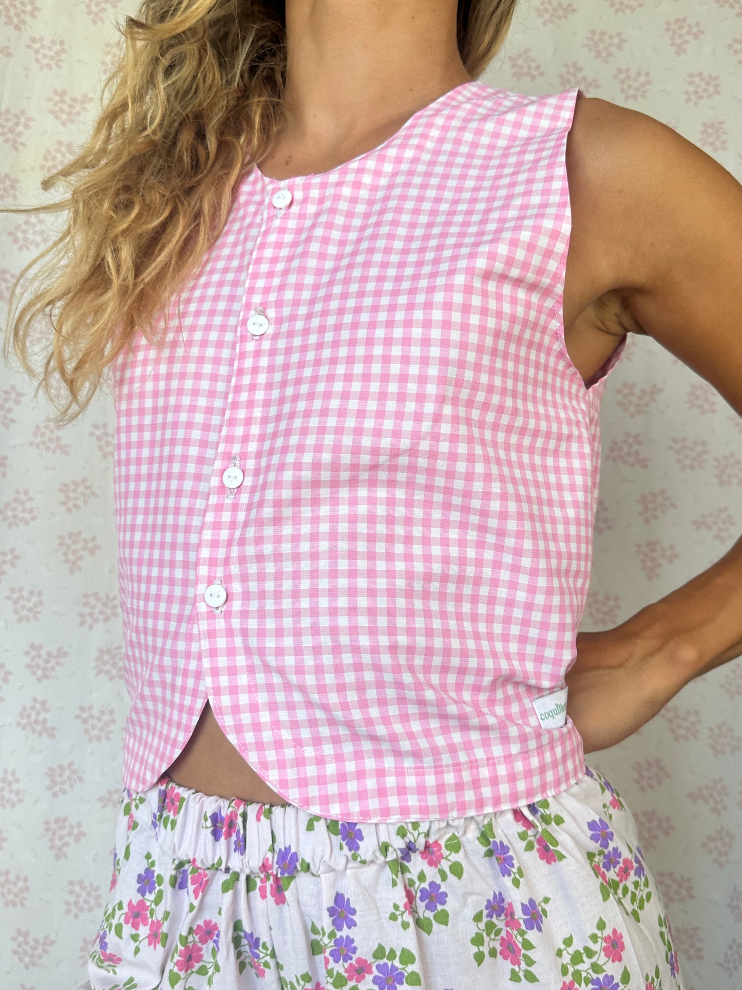 Haut Bouton Vichy Rose