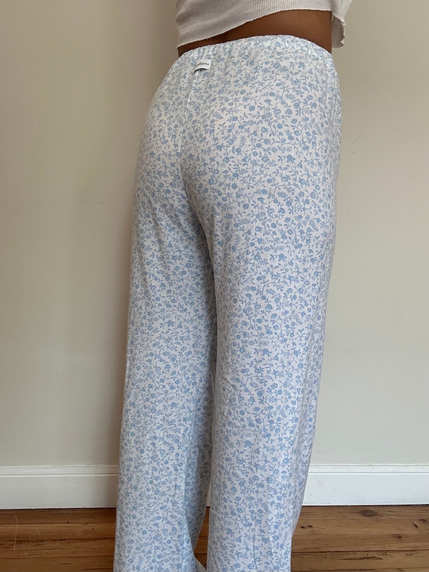 Pantalon Blanc Petites Fleurs Bleu