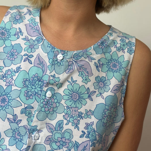 Haut Bouton Fleurs Bleu