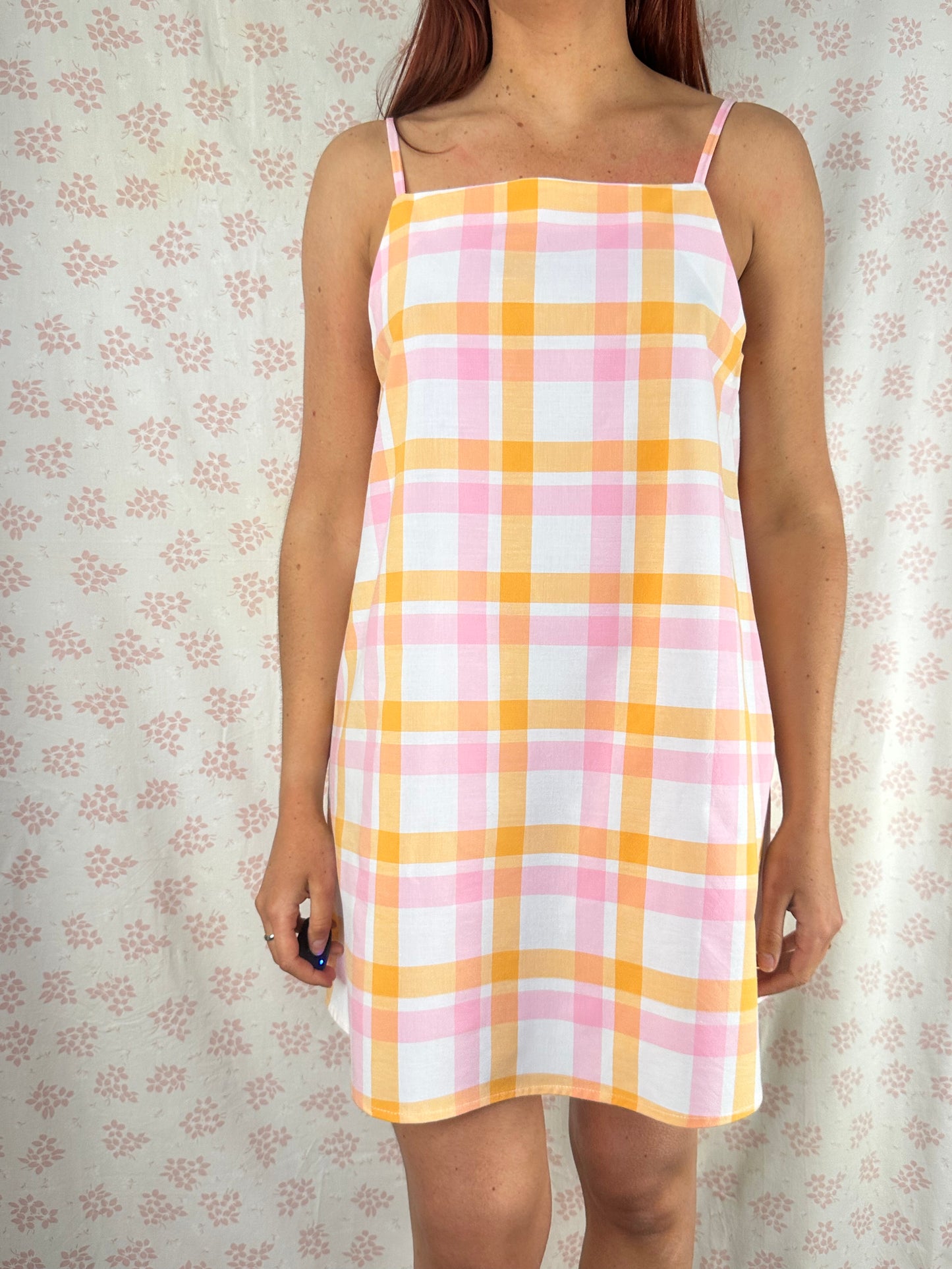 Robe Bretelle Carreaux Orange