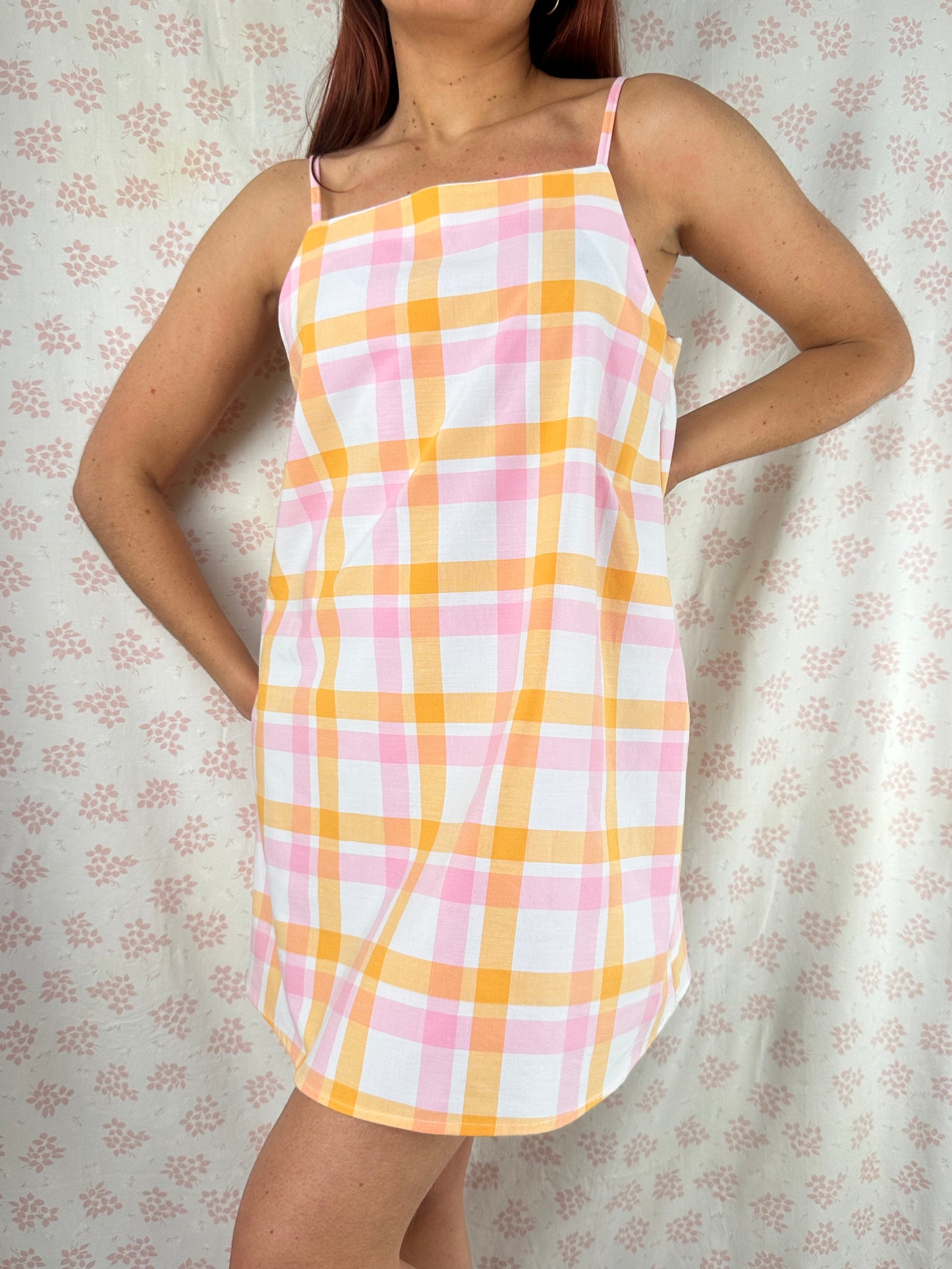 Robe Bretelle Carreaux Orange