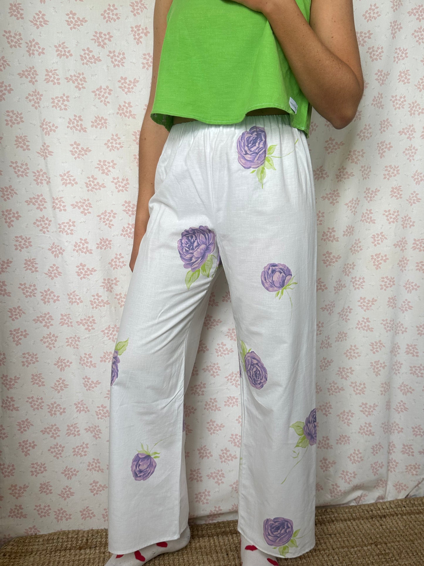 Pantalon Blanc Fleurs Lila