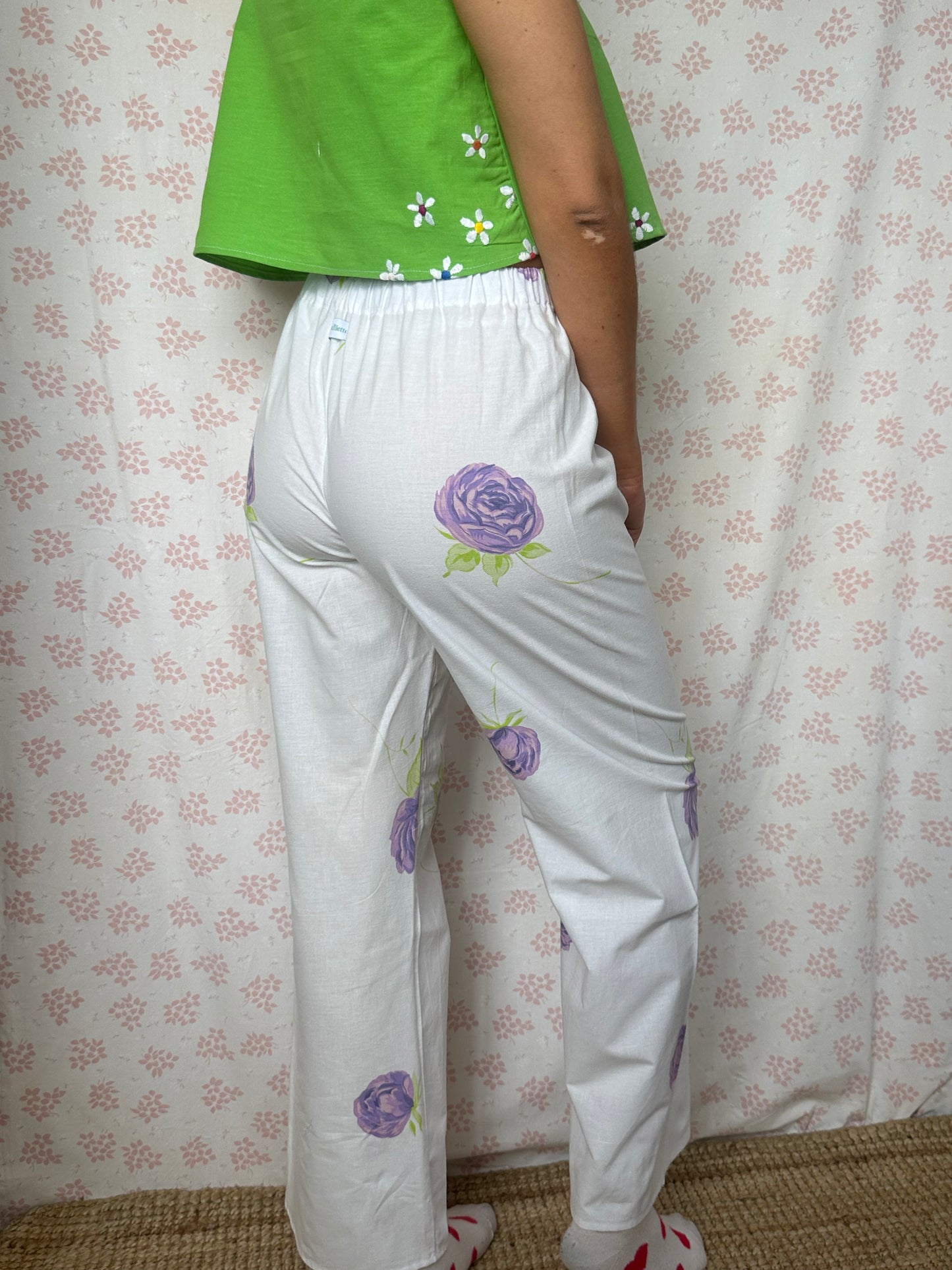 Pantalon Blanc Fleurs Lila
