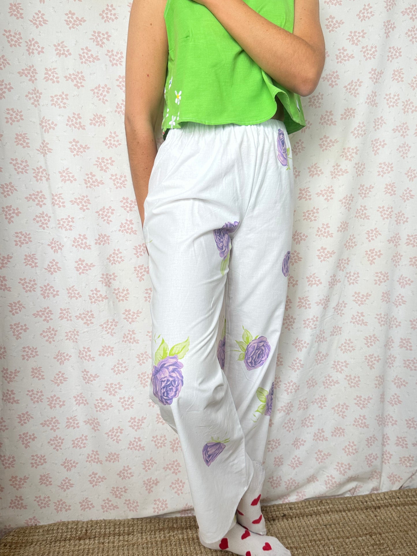 Pantalon Blanc Fleurs Lila