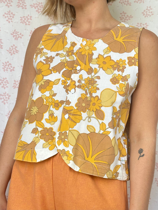 Haut Bouton Fleurs Marron et Jaune