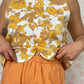 Haut Bouton Fleurs Marron et Jaune
