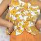 Haut Bouton Fleurs Marron et Jaune