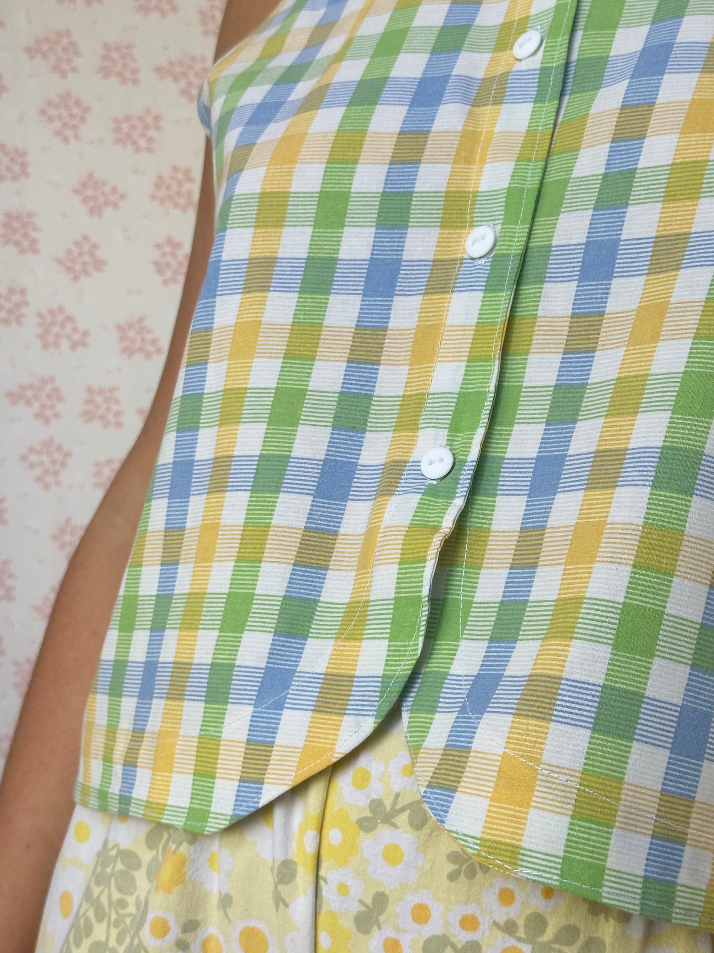Haut Bouton Carreaux Vert Bleu Jaune