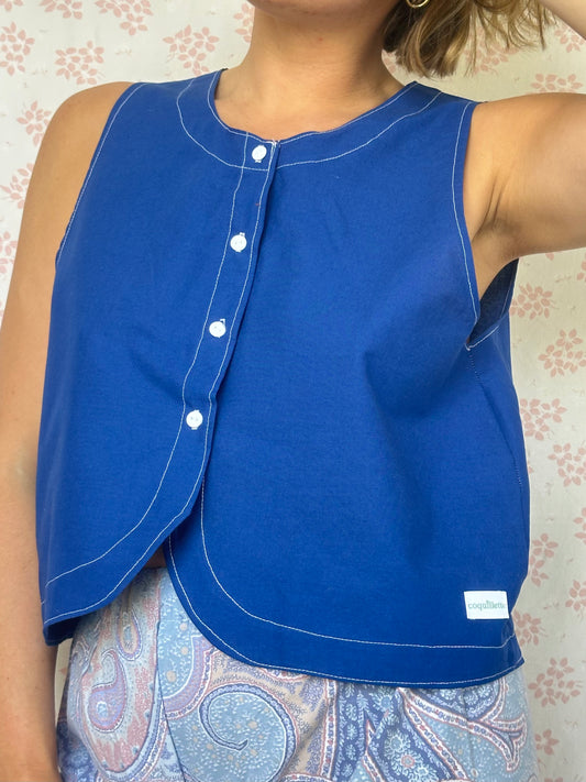 Haut Bouton Uni Bleu
