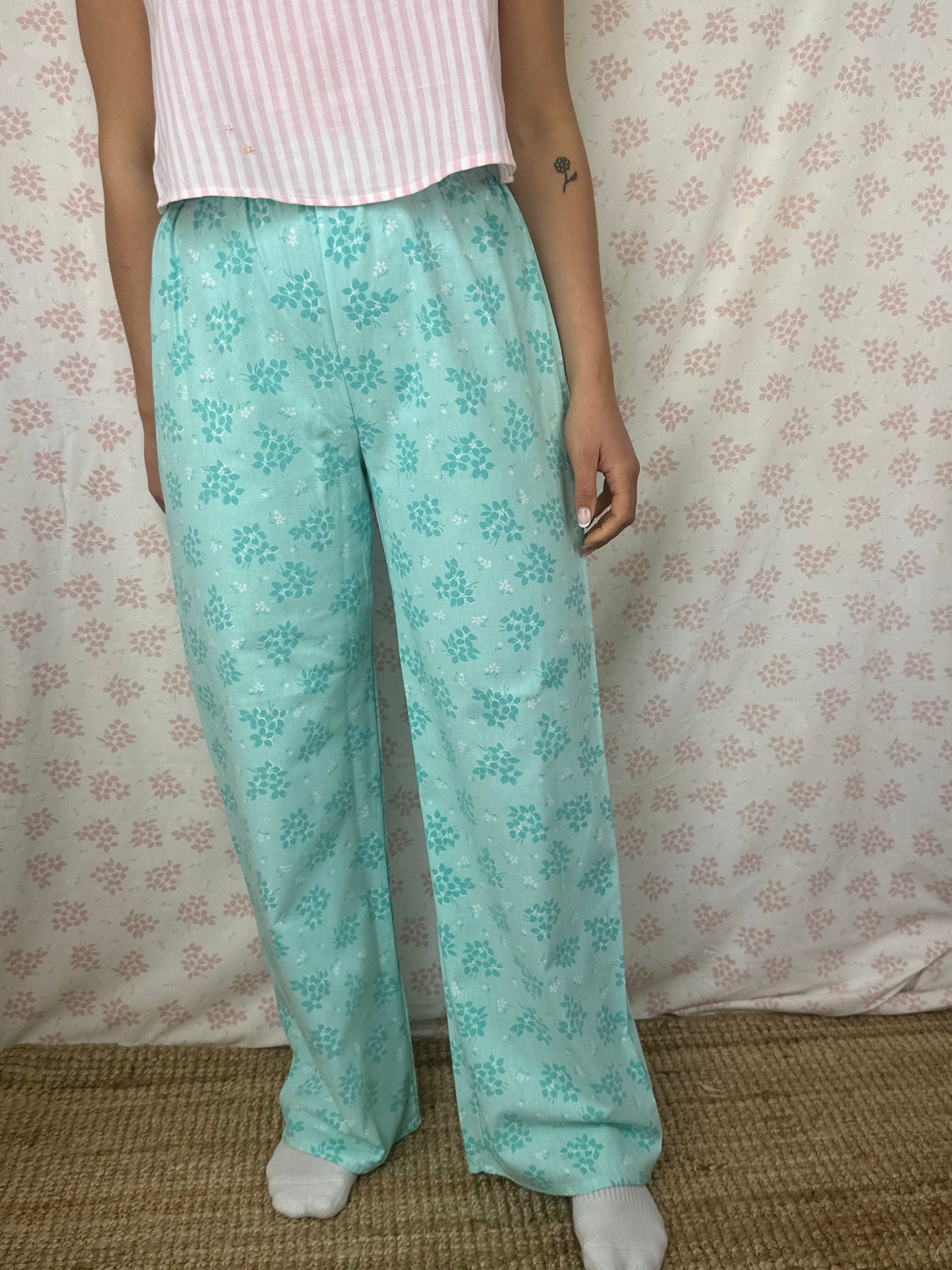 Pantalon Fleurs Turquoise