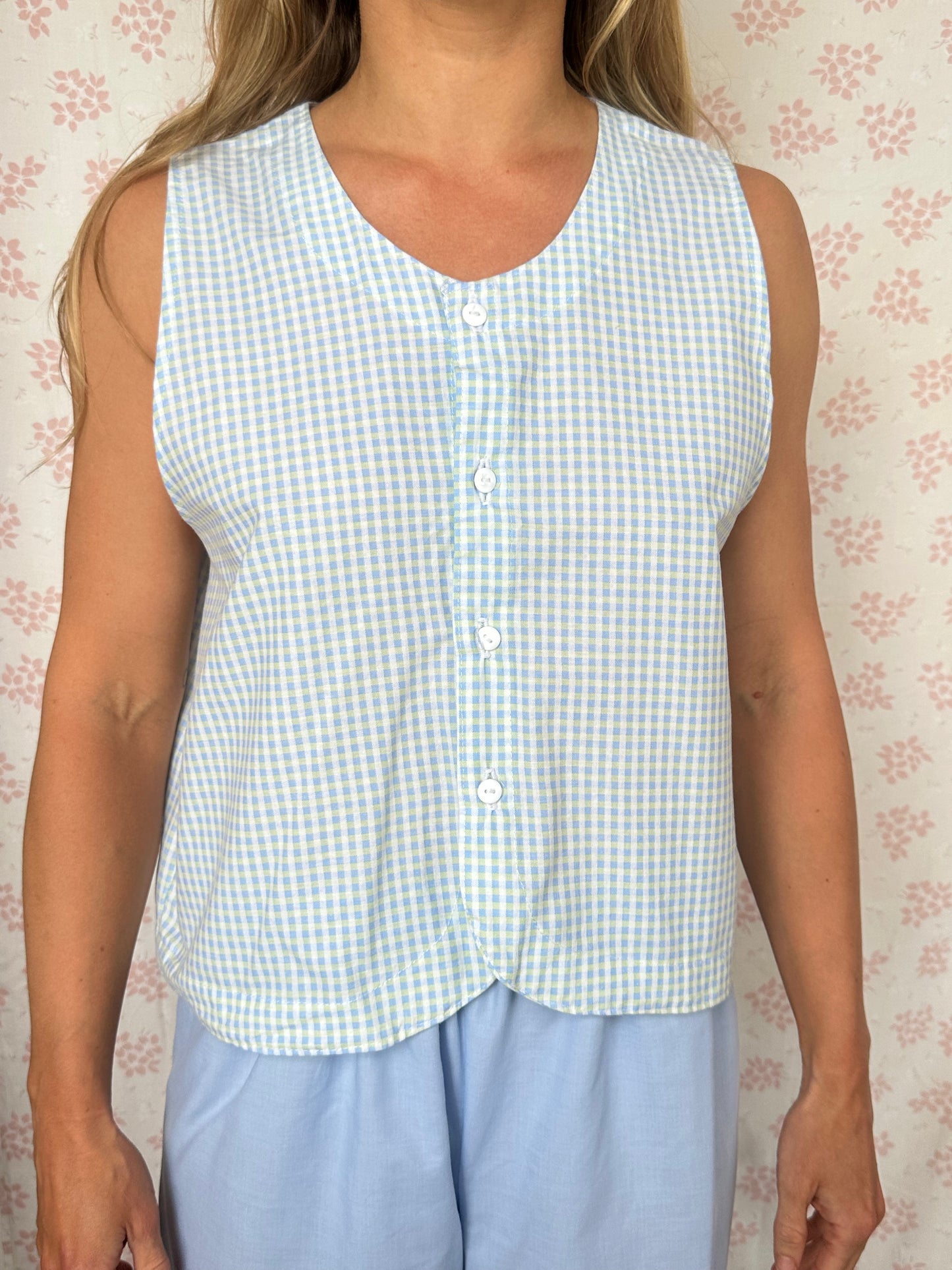 Haut Bouton Vichy Bleu