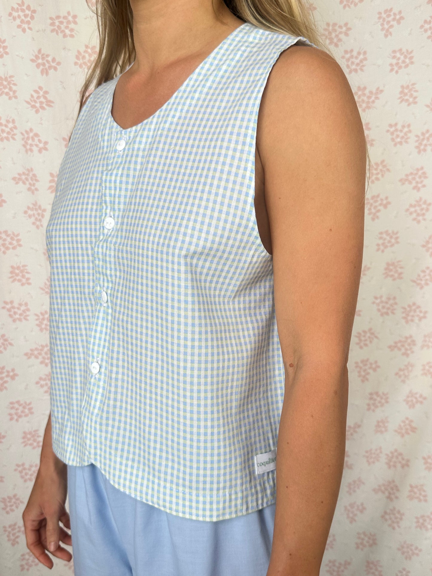 Haut Bouton Vichy Bleu