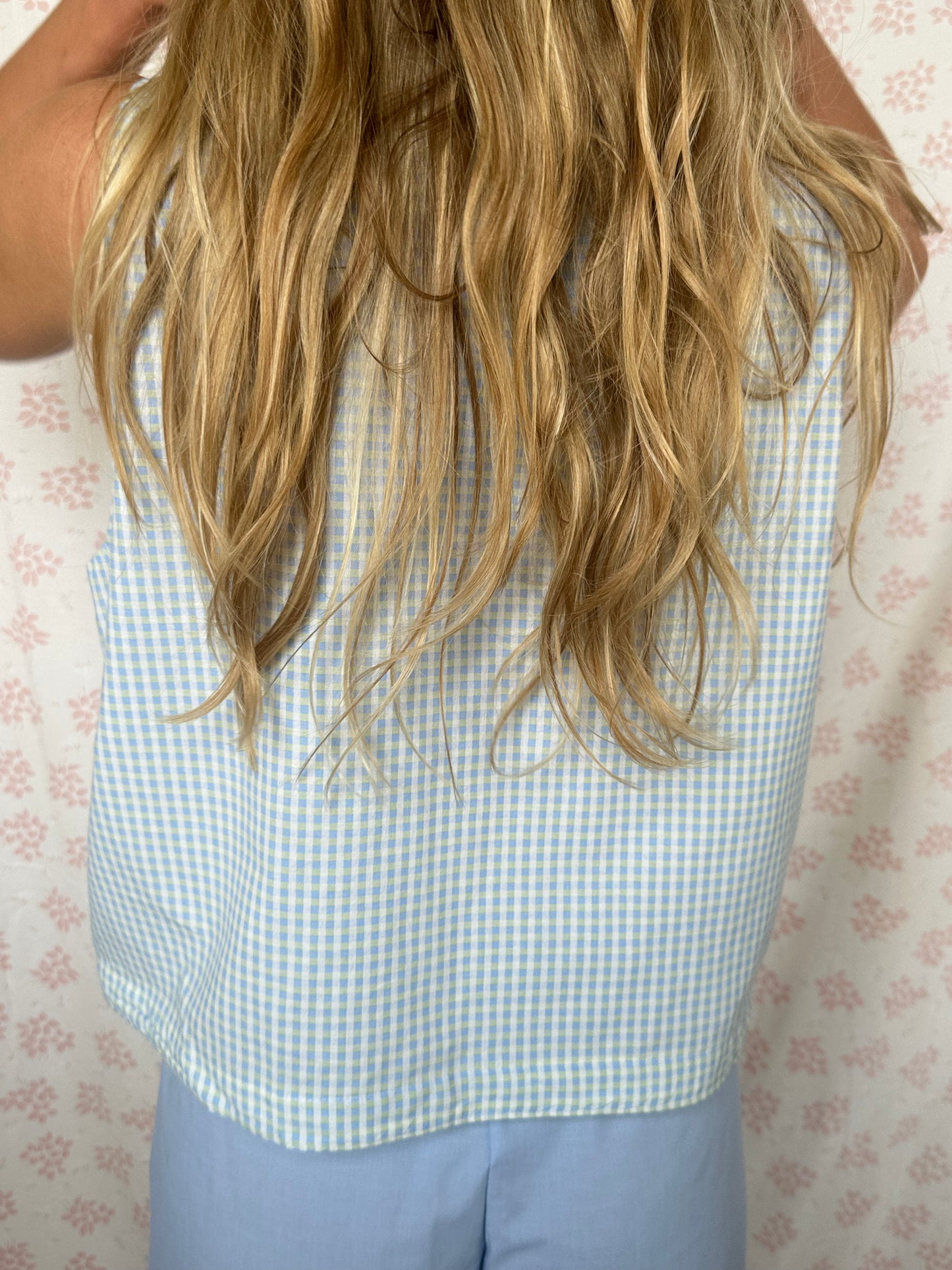 Haut Bouton Vichy Bleu