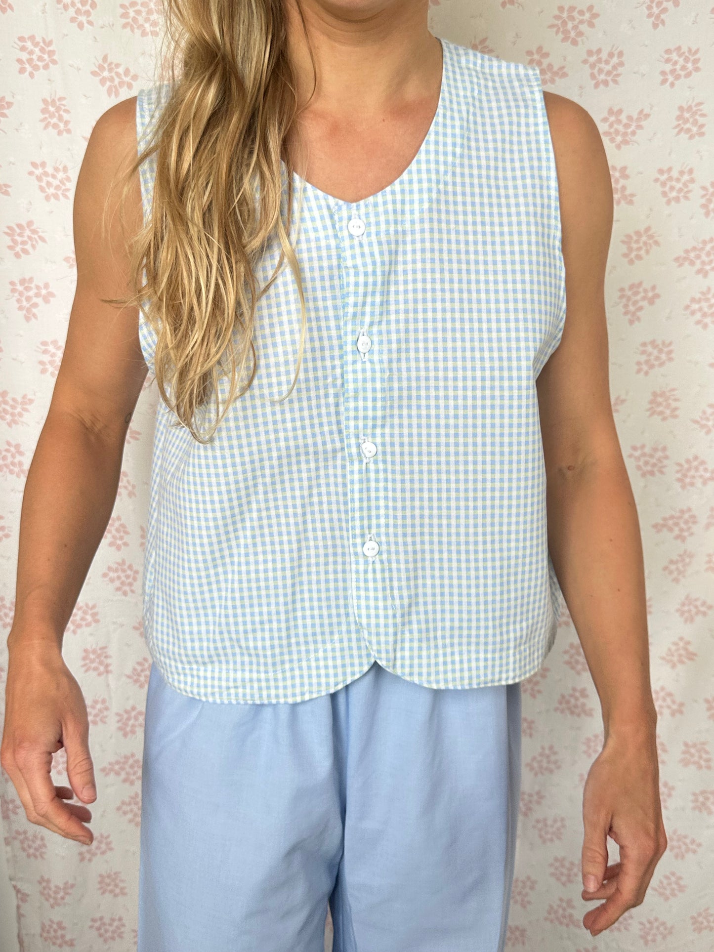 Haut Bouton Vichy Bleu