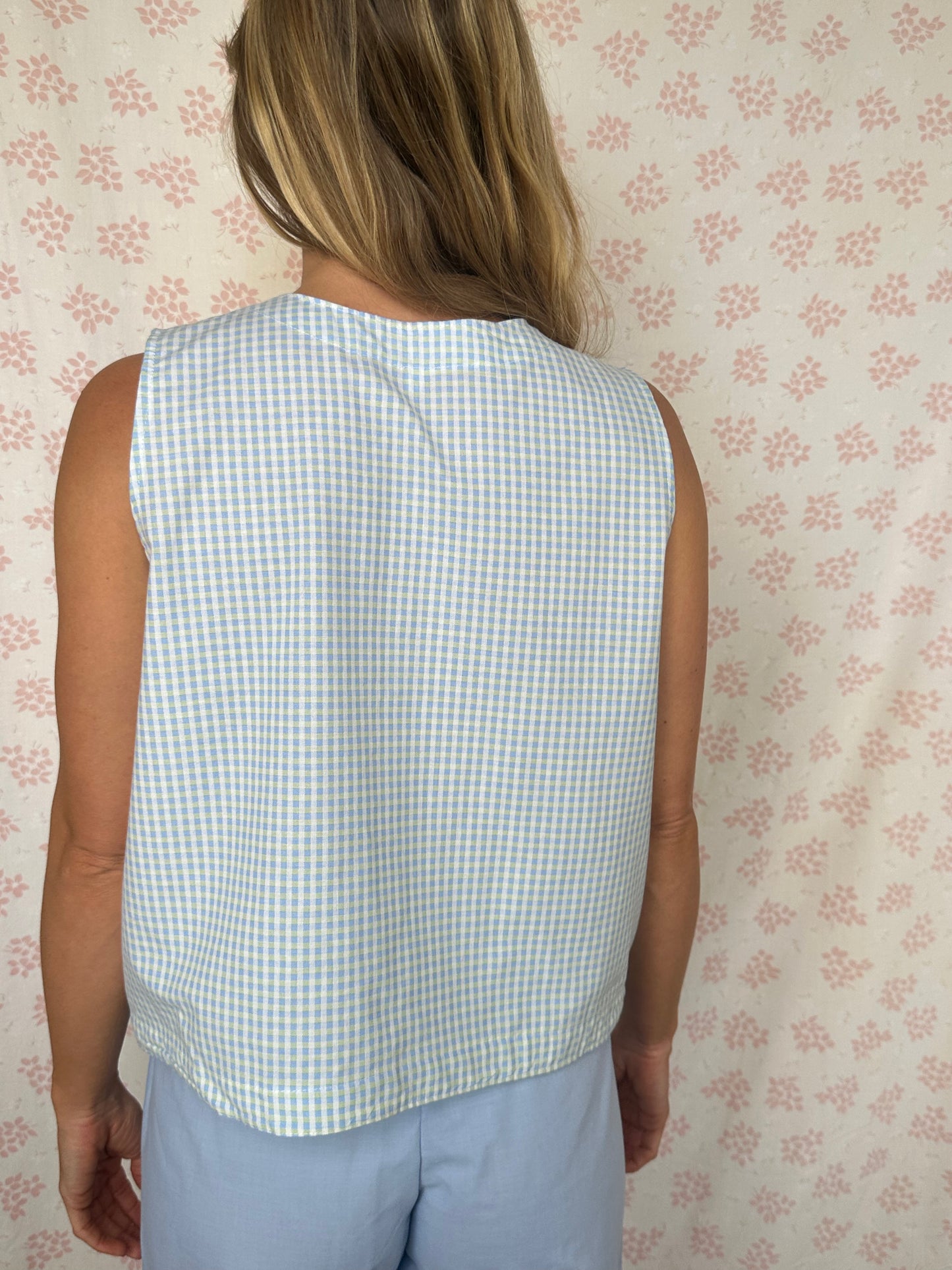 Haut Bouton Vichy Bleu