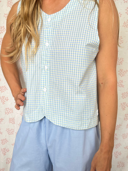 Haut Bouton Vichy Bleu