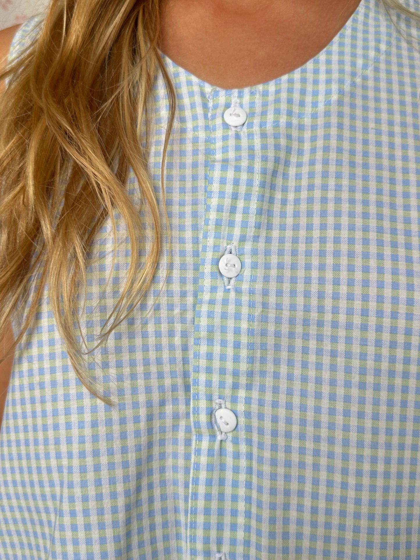 Haut Bouton Vichy Bleu
