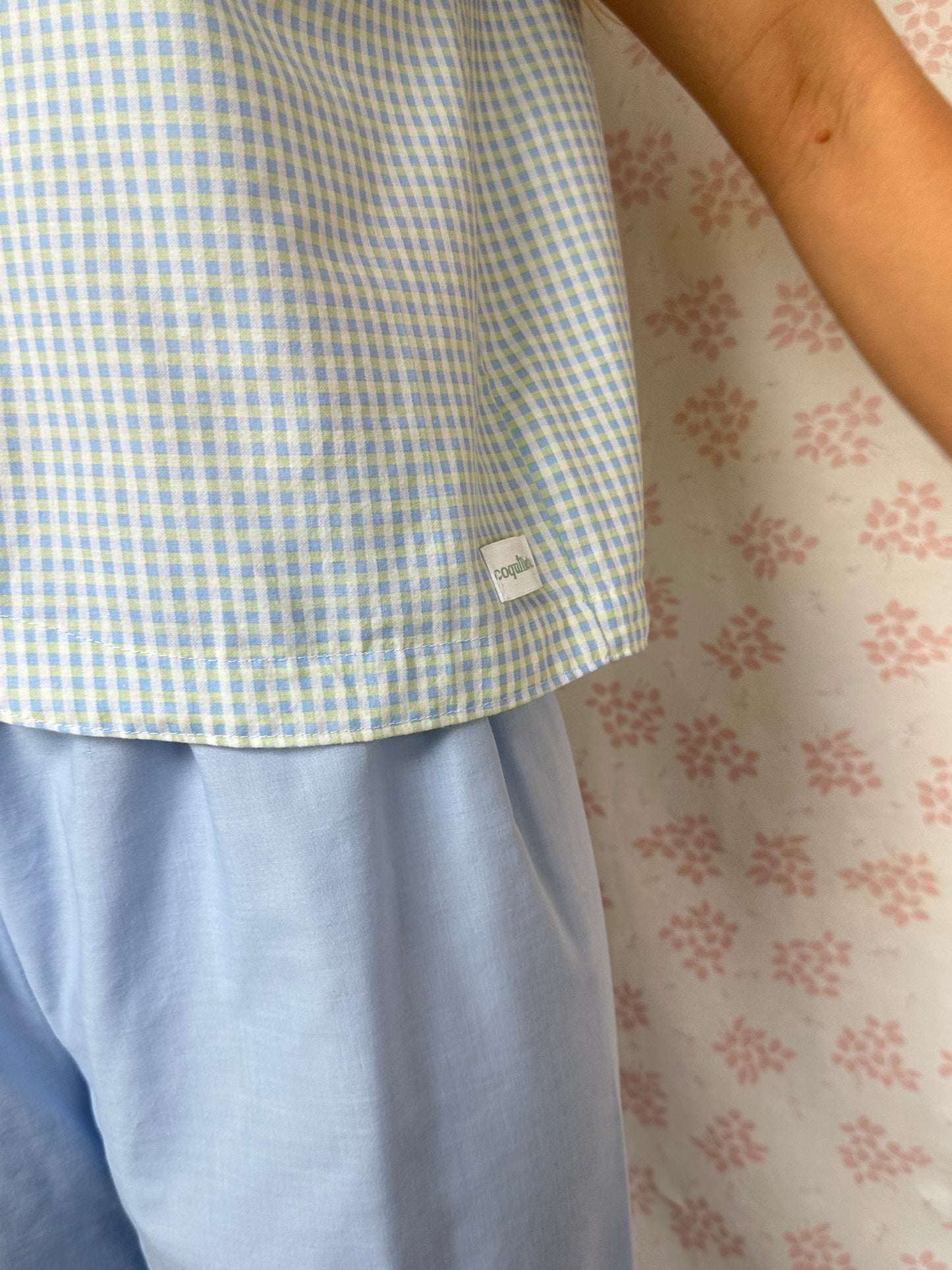 Haut Bouton Vichy Bleu
