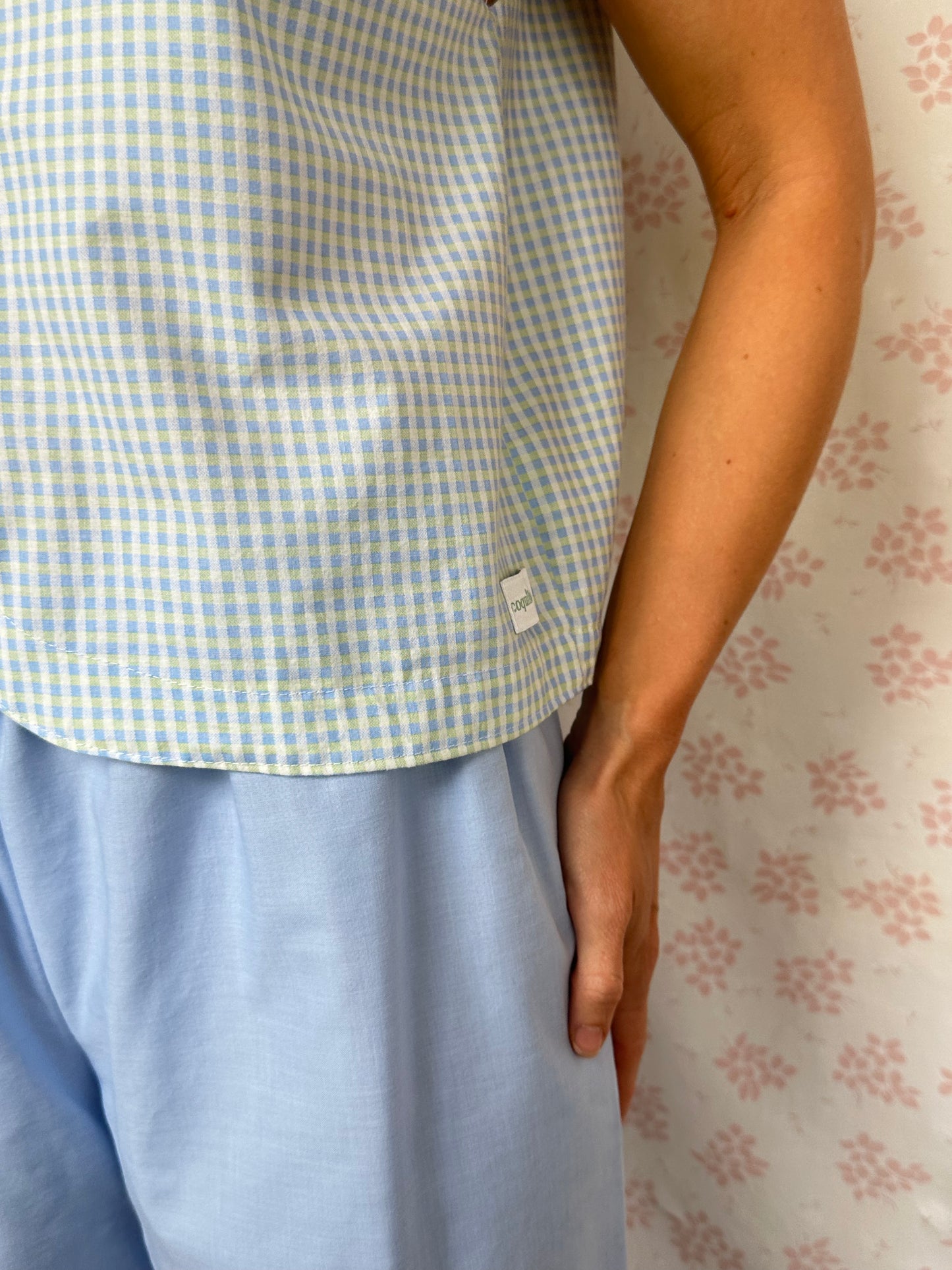 Haut Bouton Vichy Bleu