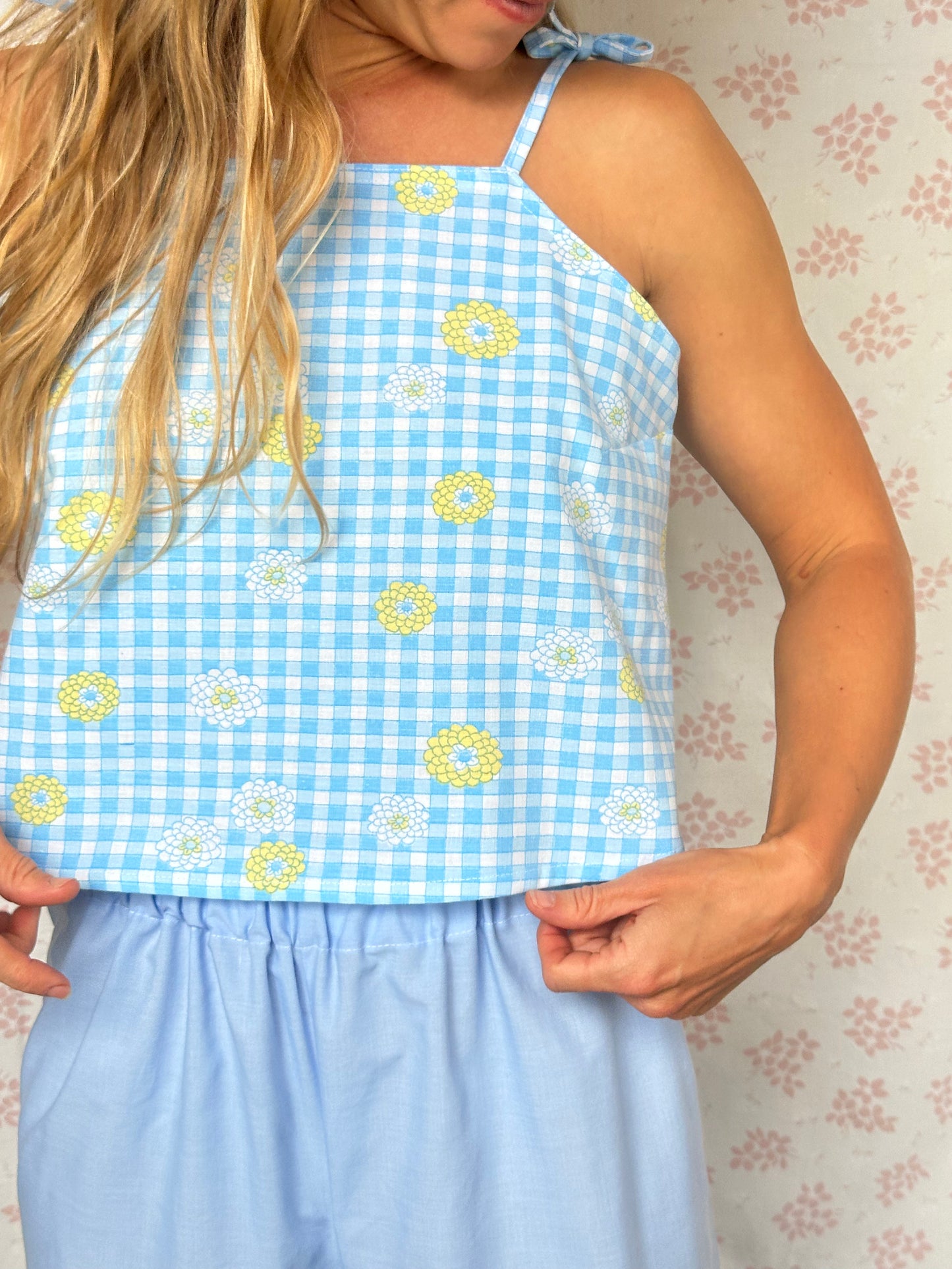 Top Vichy Bleu Fleurs