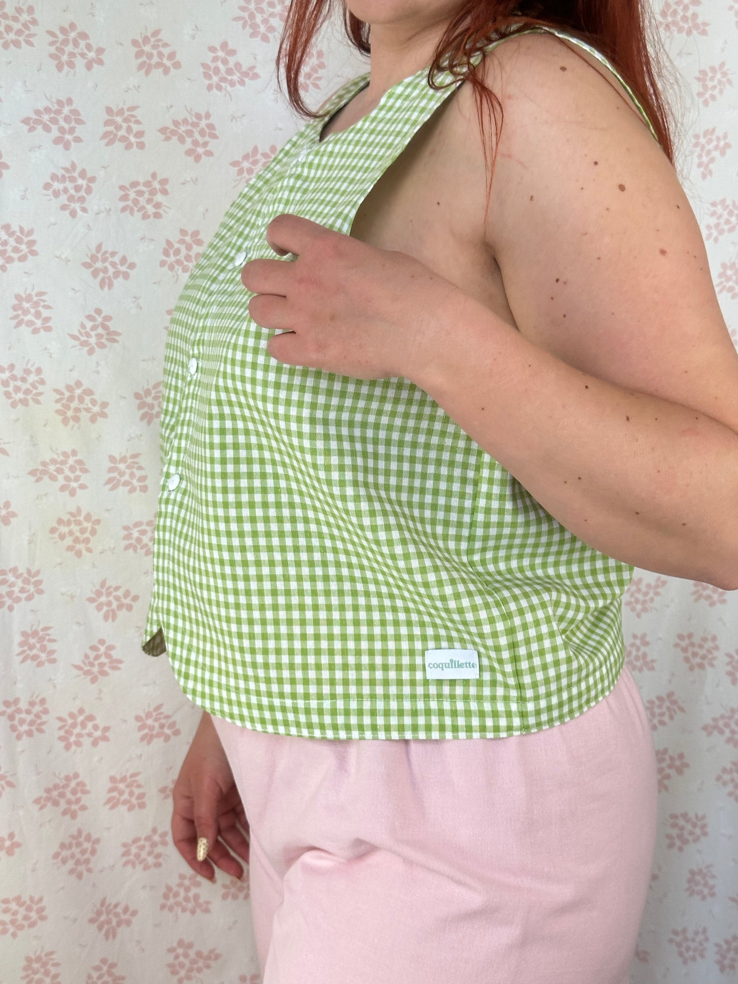 Haut Bouton Vichy Vert
