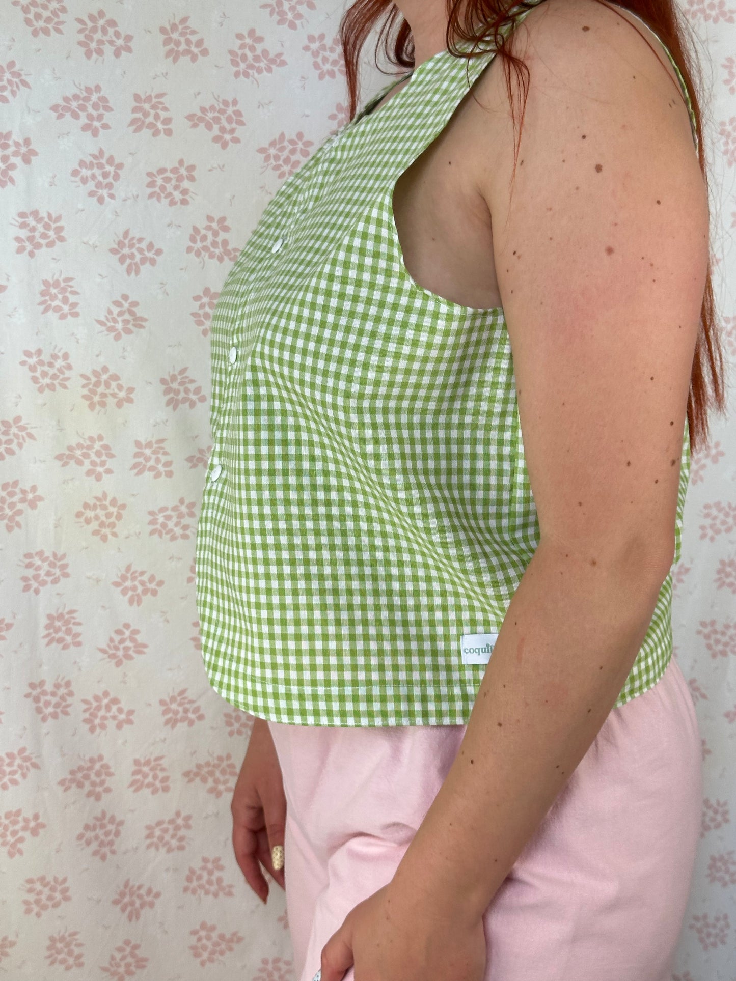 Haut Bouton Vichy Vert