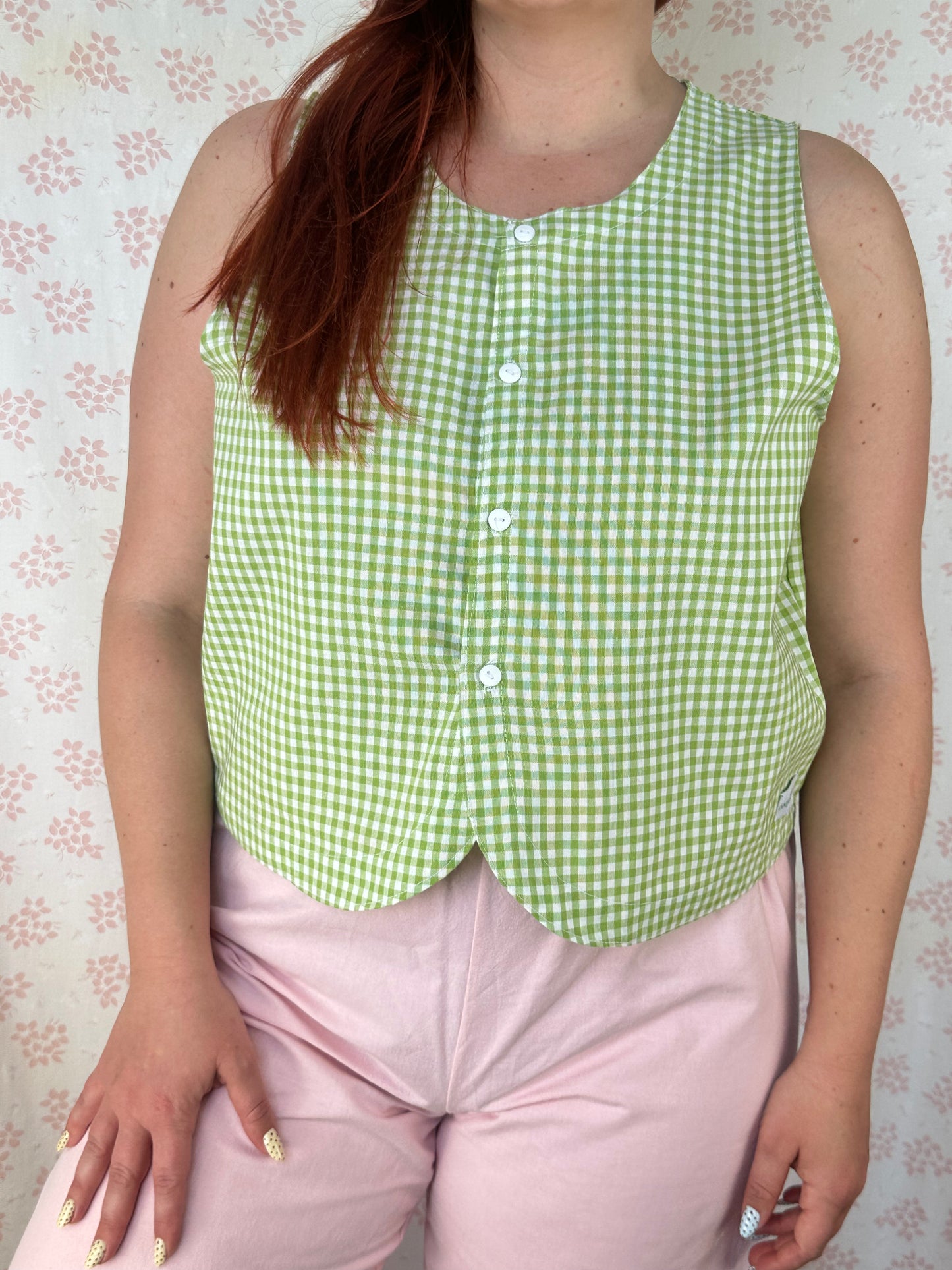 Haut Bouton Vichy Vert
