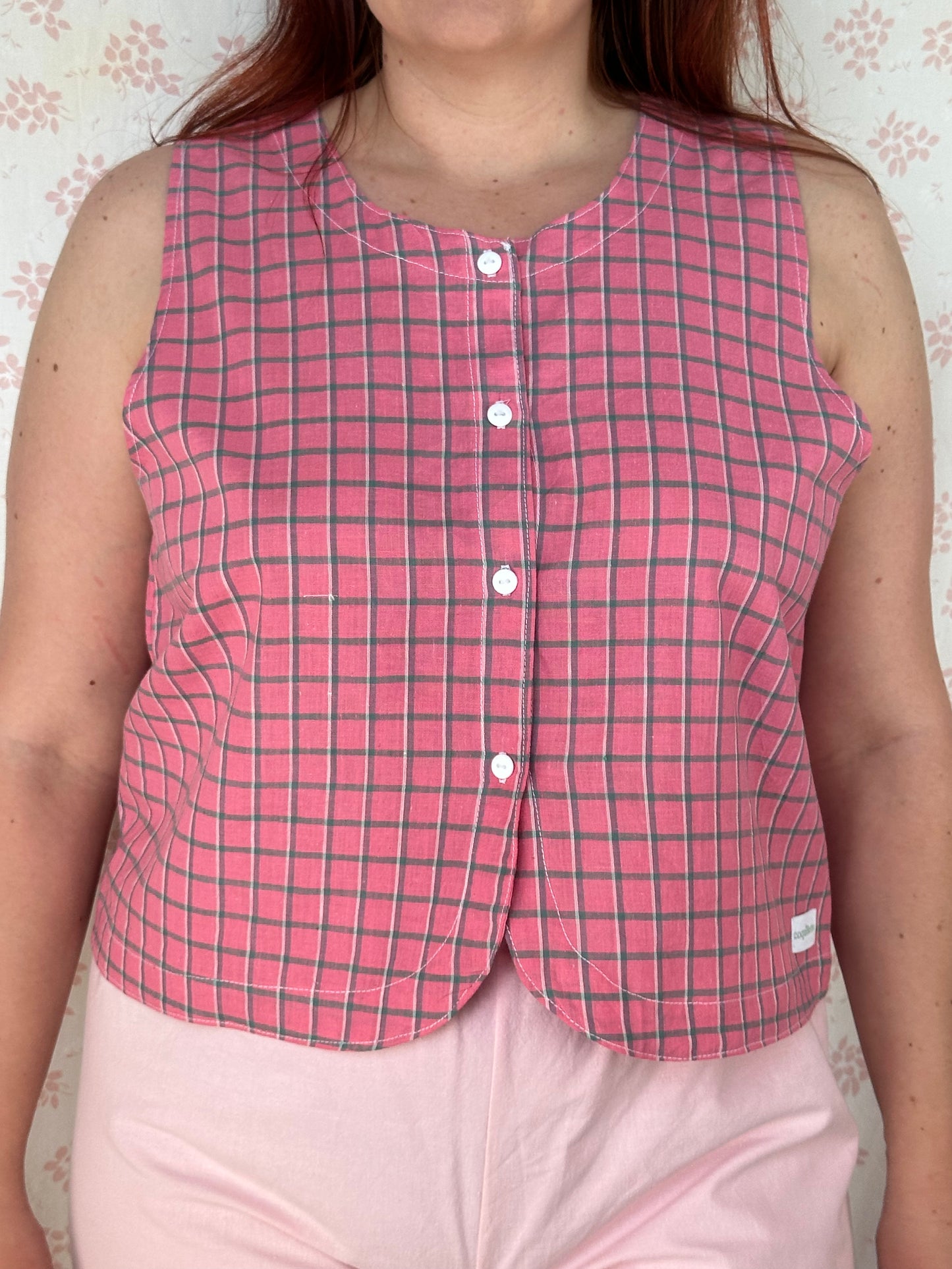 Haut Bouton Rose Carreaux