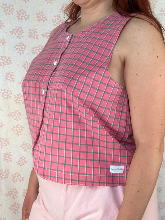Haut Bouton Rose Carreaux